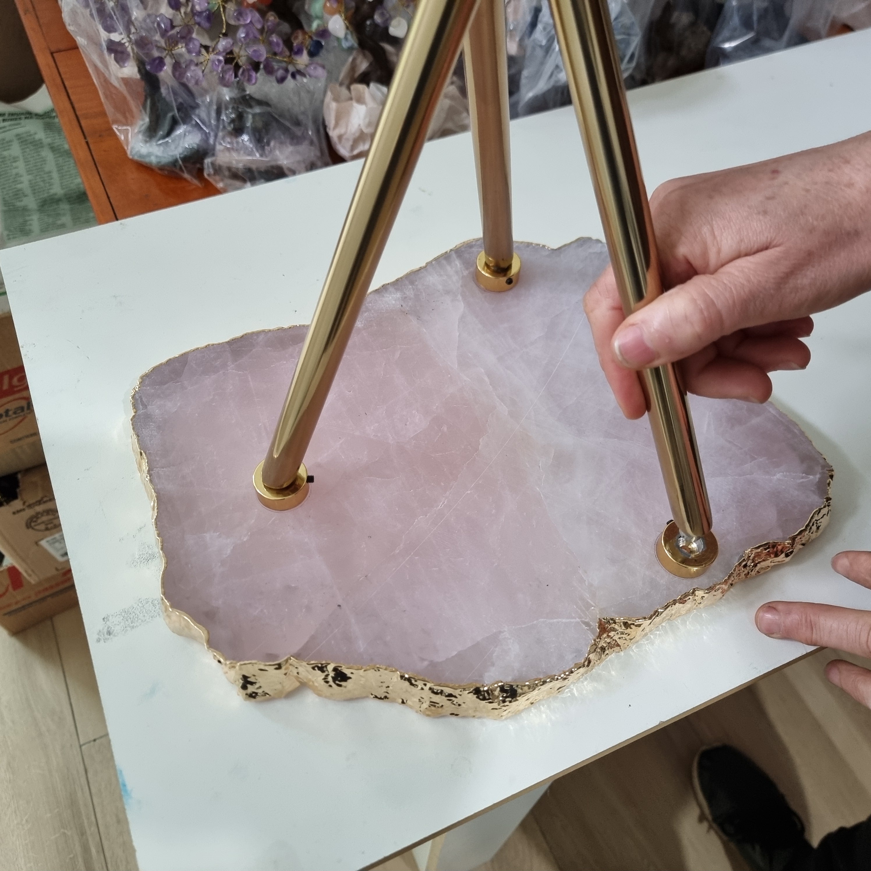 PINK QUARTZ Side Table | Gold Brass Tripod Base | 60 cm Height - BR Crystals Handmade Piece