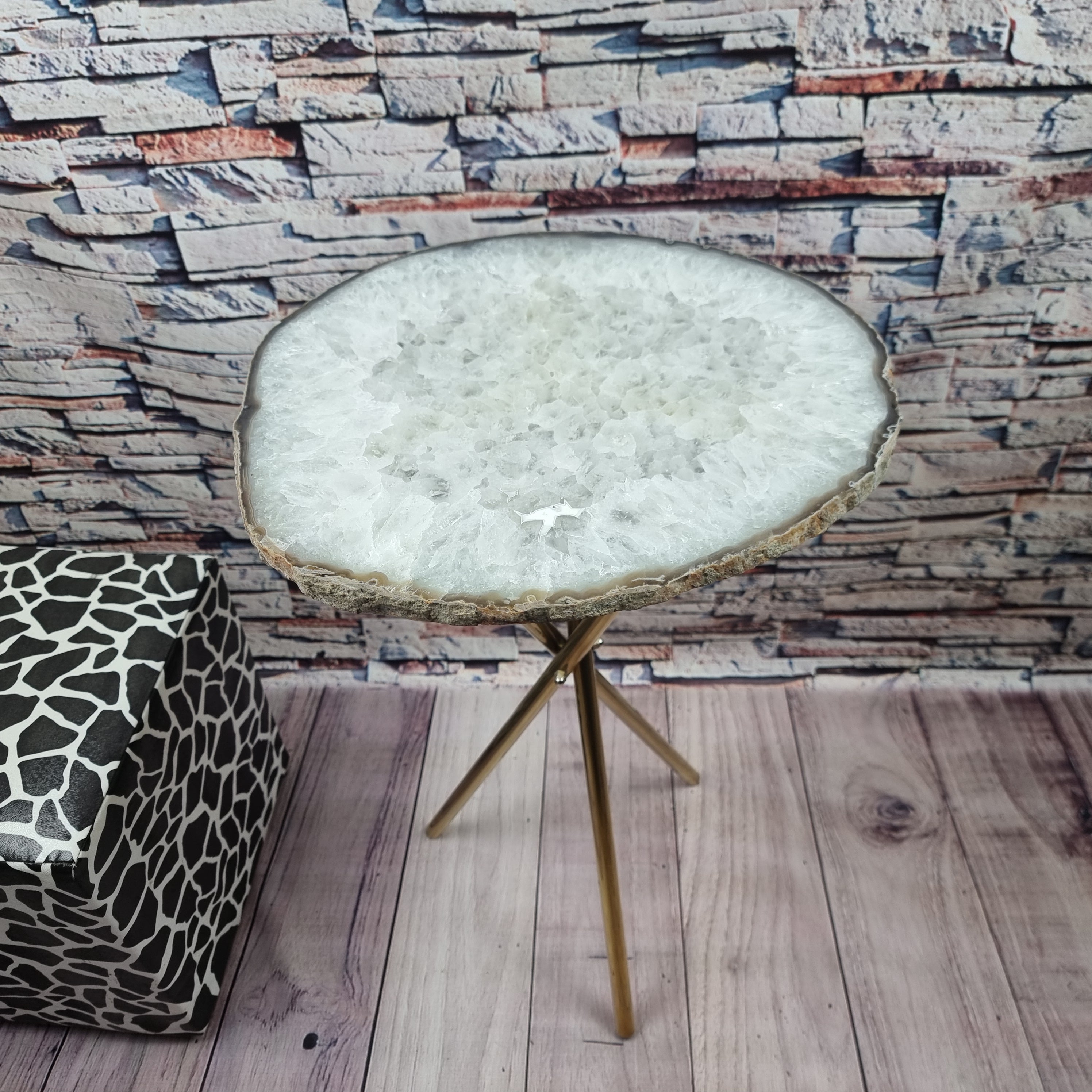 Special White Agate Side Table | Gold Brass Tripod Base | 60 cm Height - BR Crystals Handmade Piece