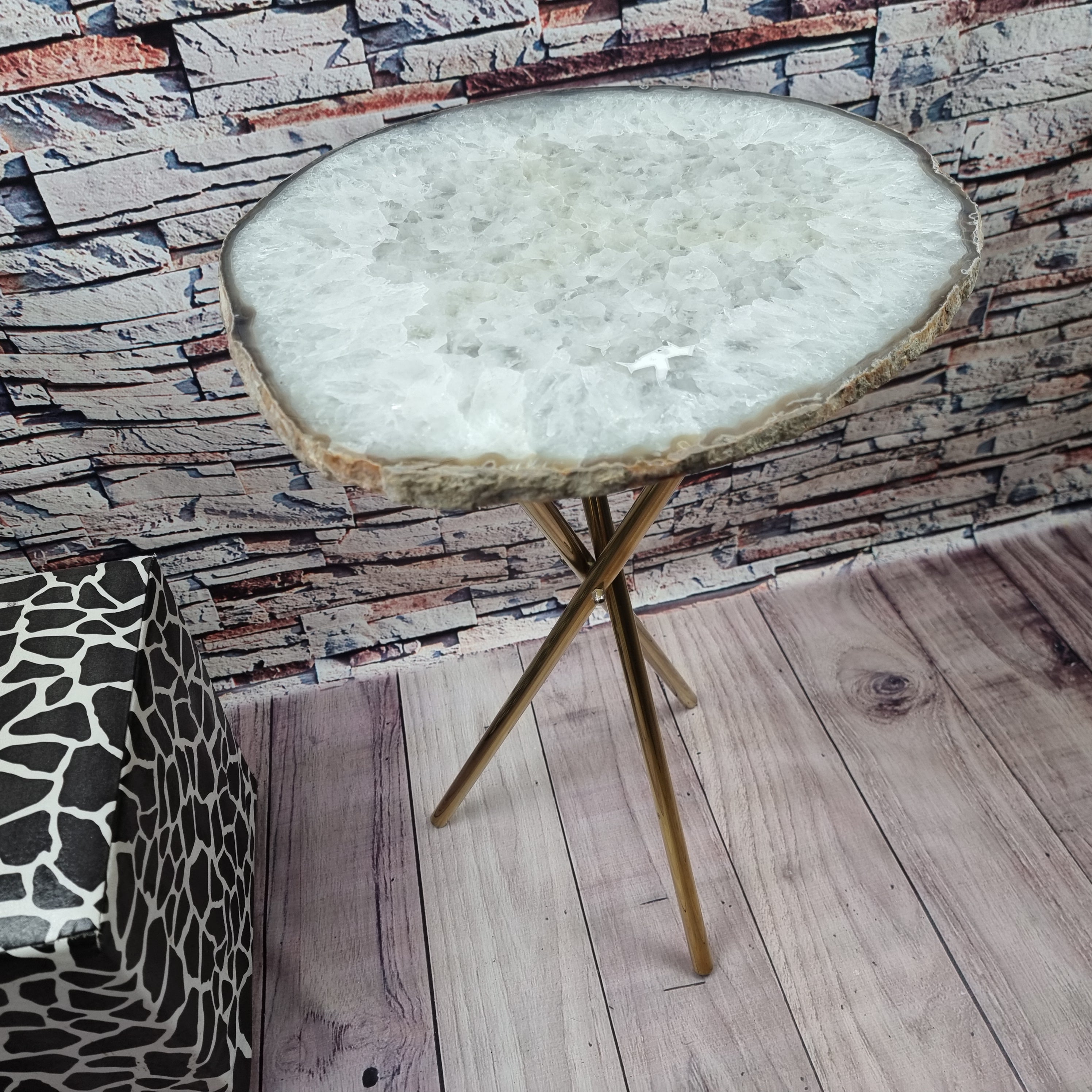Special White Agate Side Table | Gold Brass Tripod Base | 60 cm Height - BR Crystals Handmade Piece