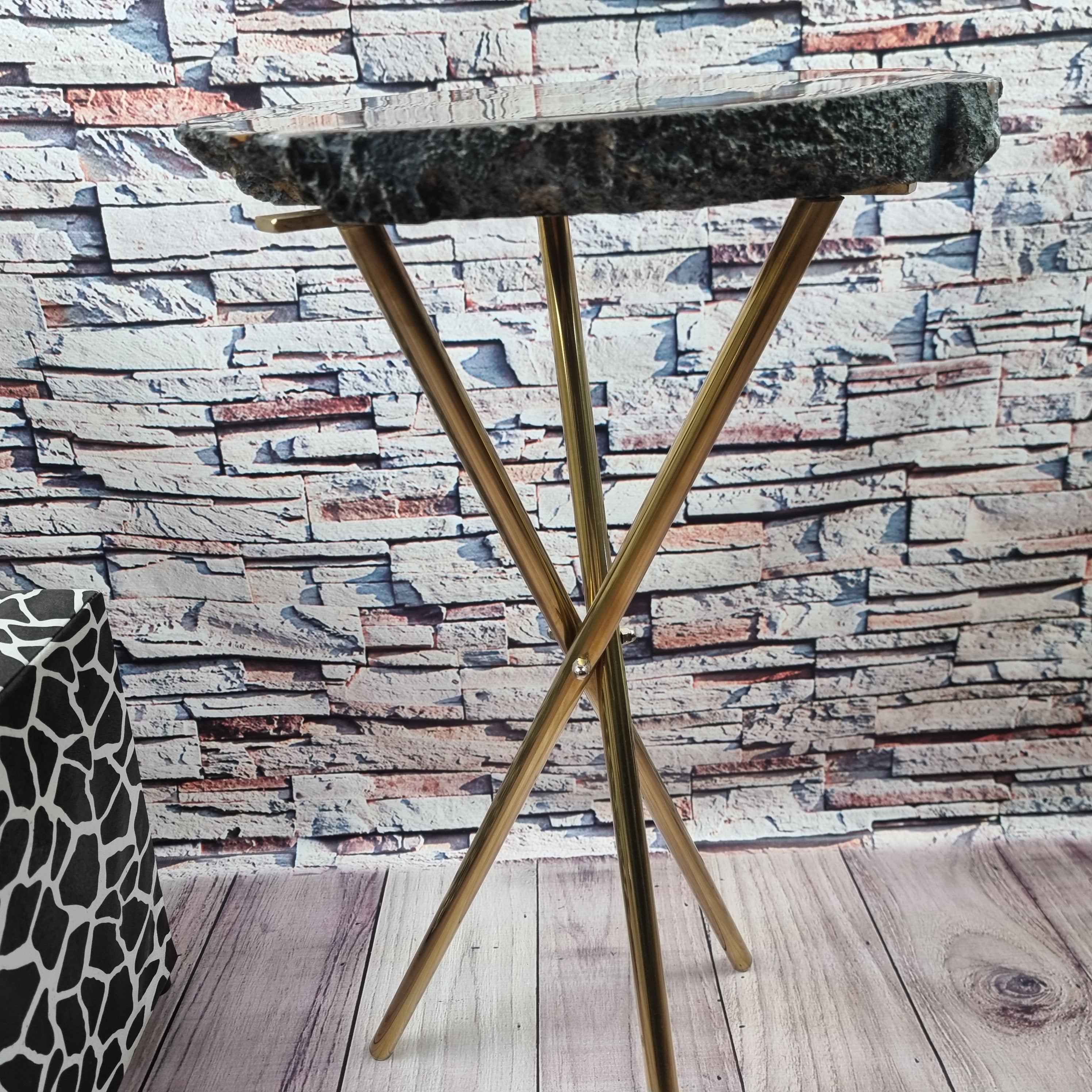 Agate Side Table with Special Designs | Gold Brass Tripod Base | 60 cm Height - BR Crystals Handmade Piece