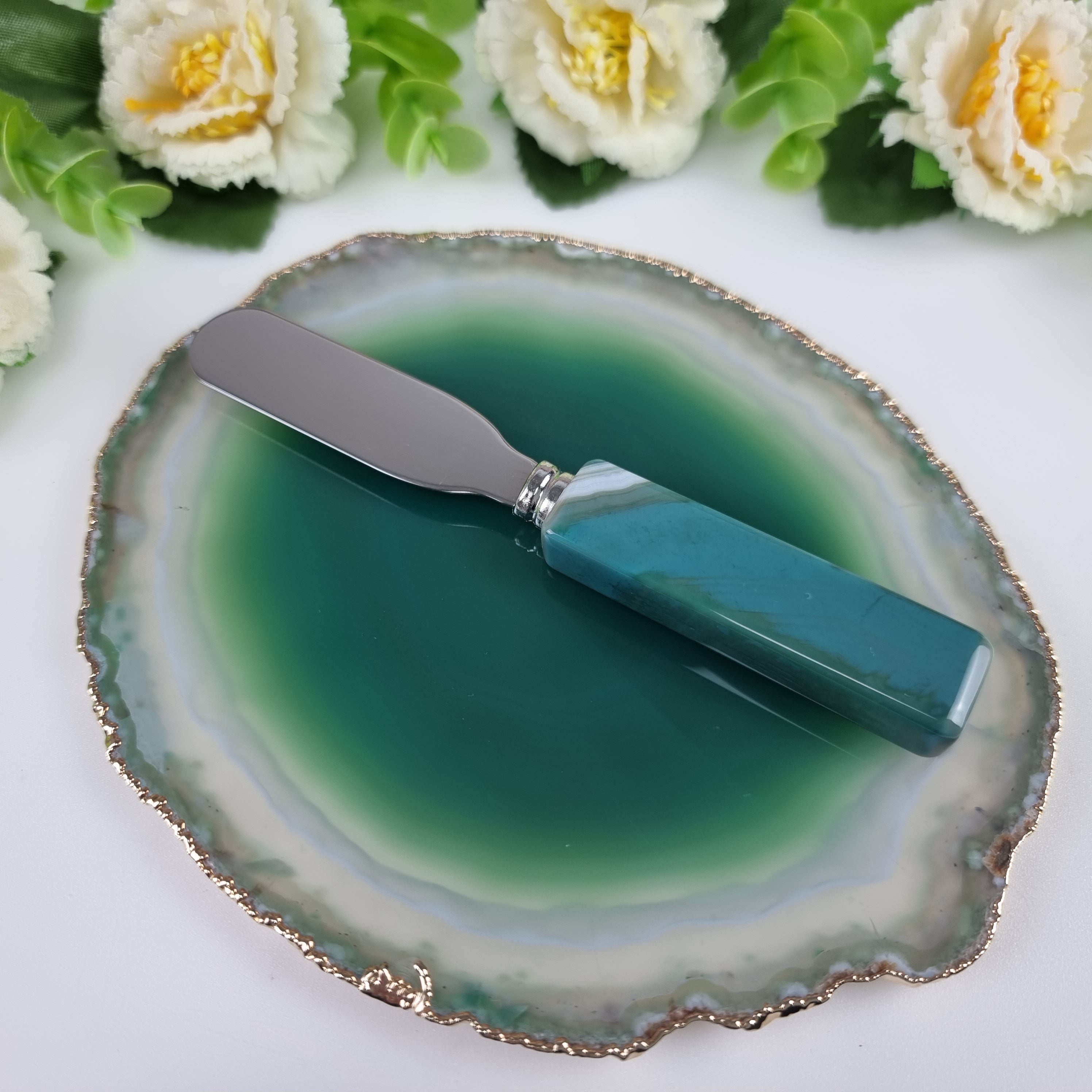 Agate Cold Storage Holder with Gold Plated Edges and Spatula - Measure 15 to 18 cm 1 Piece