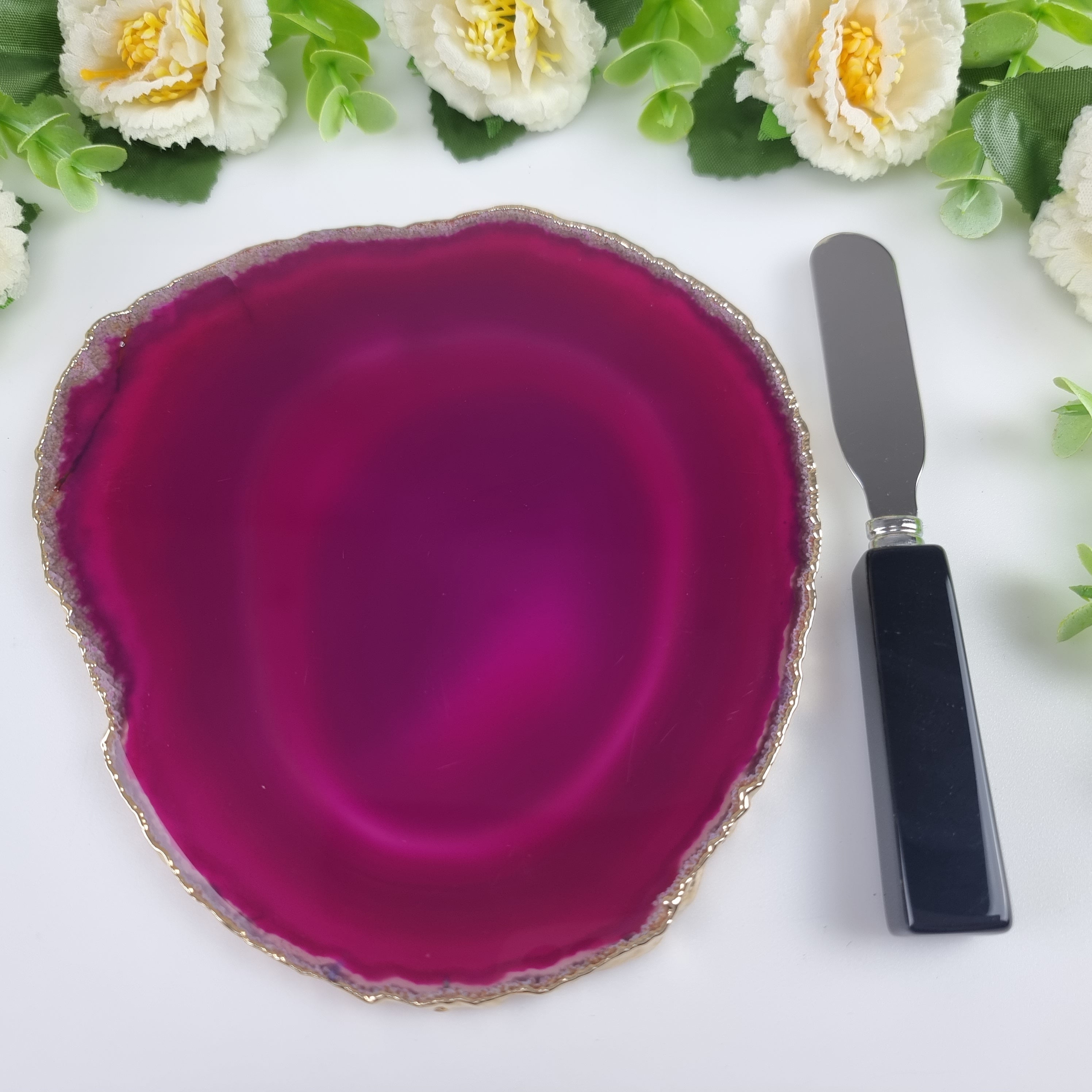 Agate Cold Storage Holder with Gold Plated Edges and Spatula - Measure 15 to 18 cm 1 Piece