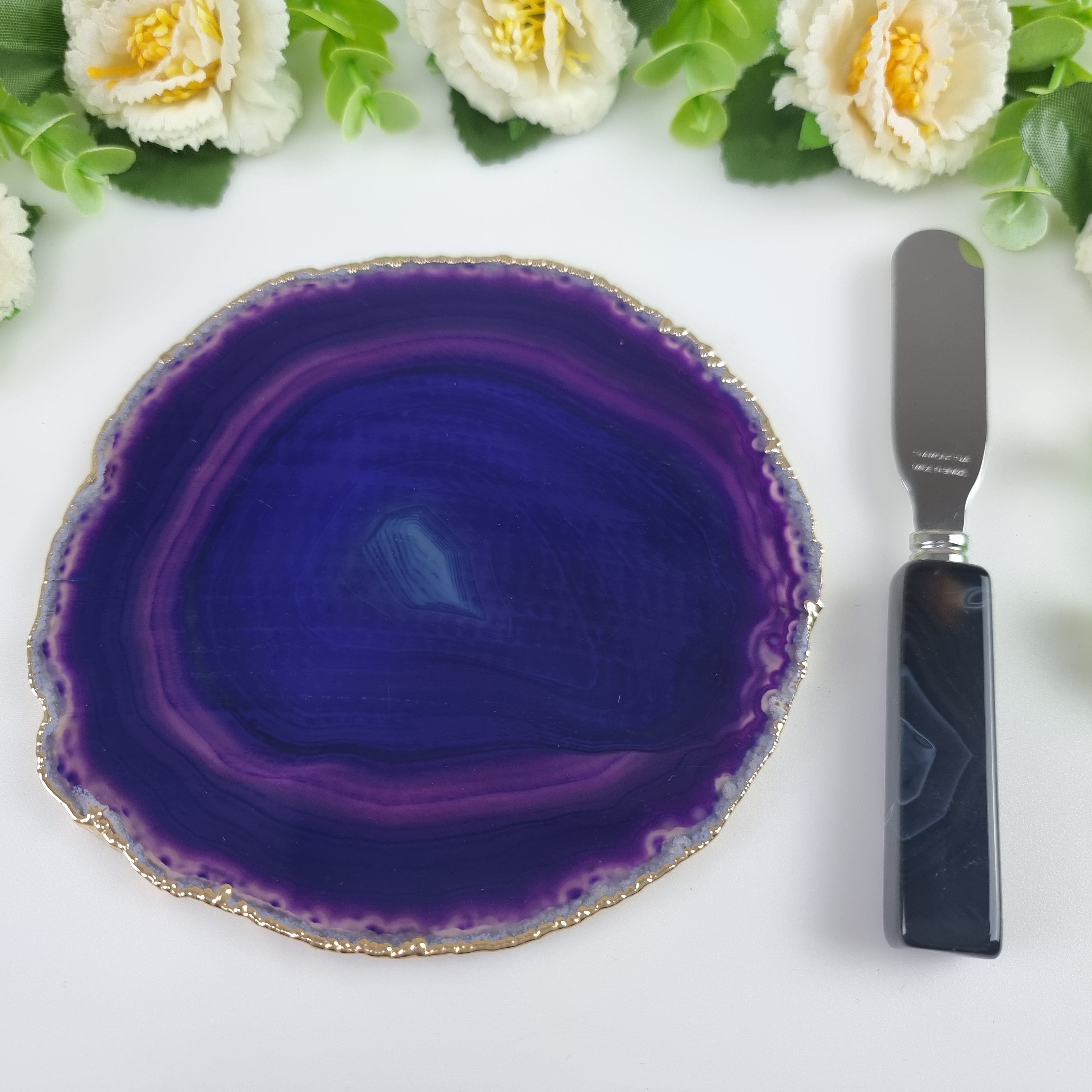 Agate Cold Storage Holder with Gold Plated Edges and Spatula - Measure 15 to 18 cm 1 Piece