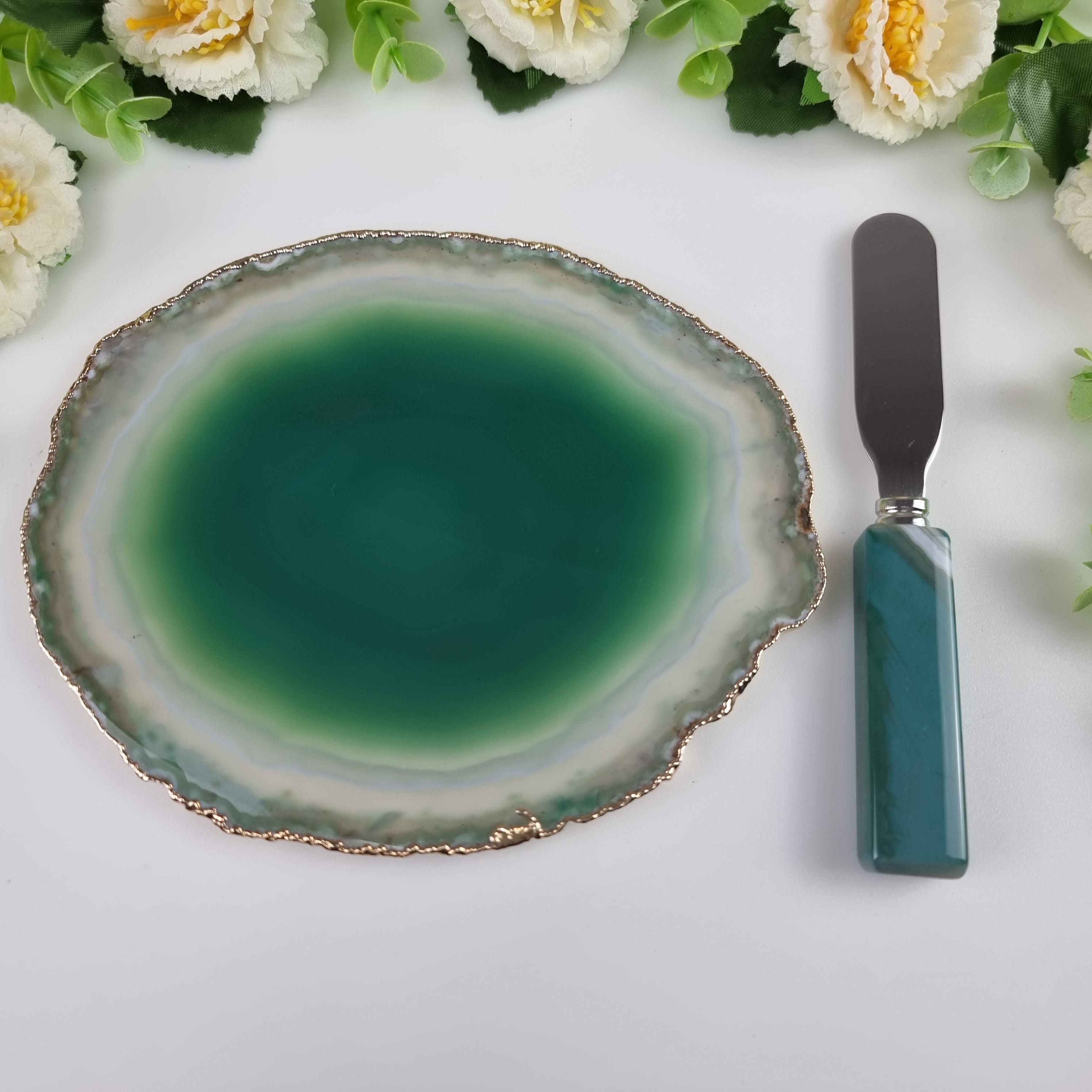 Agate Cold Storage Holder with Gold Plated Edges and Spatula - Measure 15 to 18 cm 1 Piece