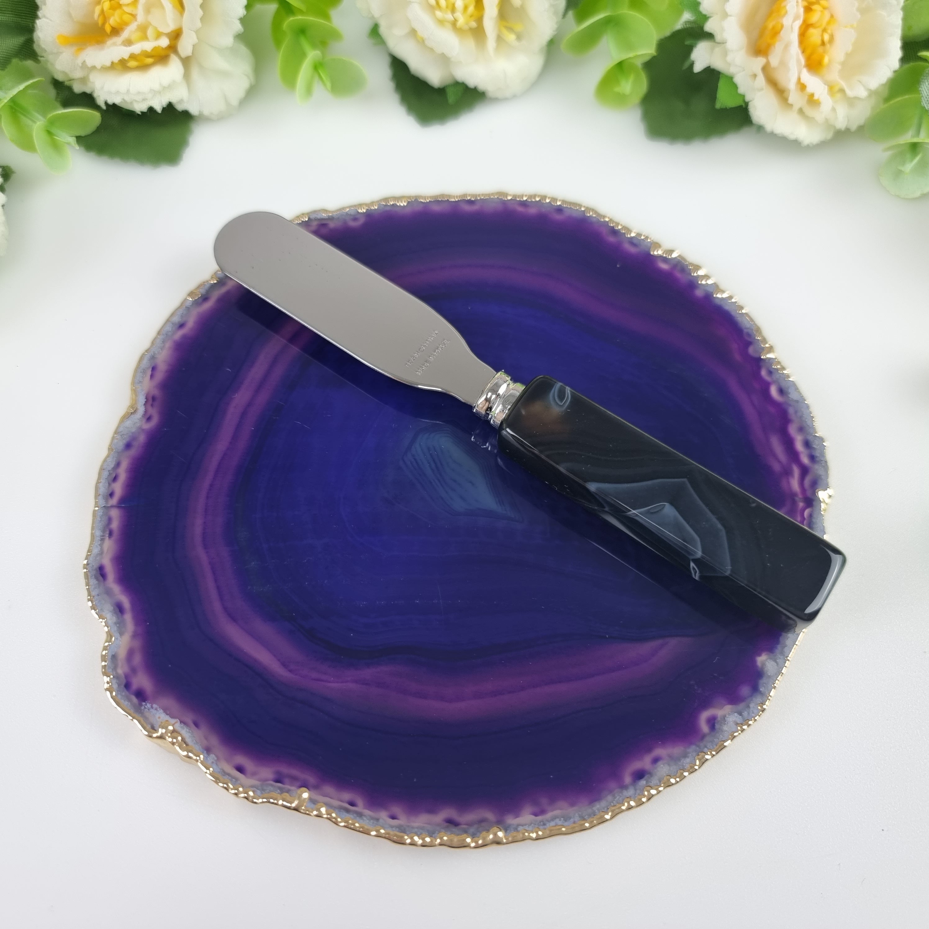 Agate Cold Storage Holder with Gold Plated Edges and Spatula - Measure 15 to 18 cm 1 Piece