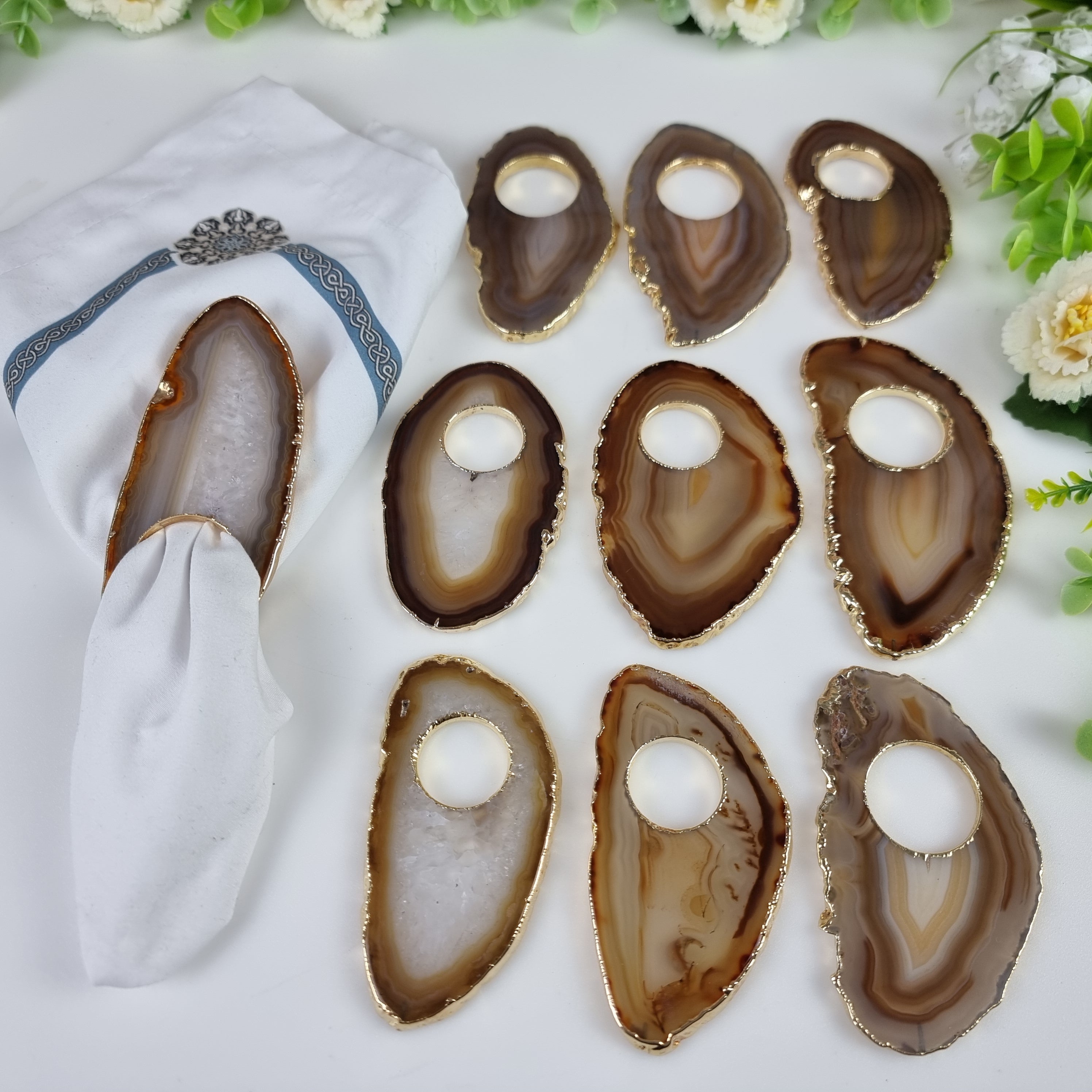 Agate Napkin Rings WITH Gold-Plated Hole | Kit of 10 Units, Size 10 to 12 cm | Handmade Piece BR Crystals