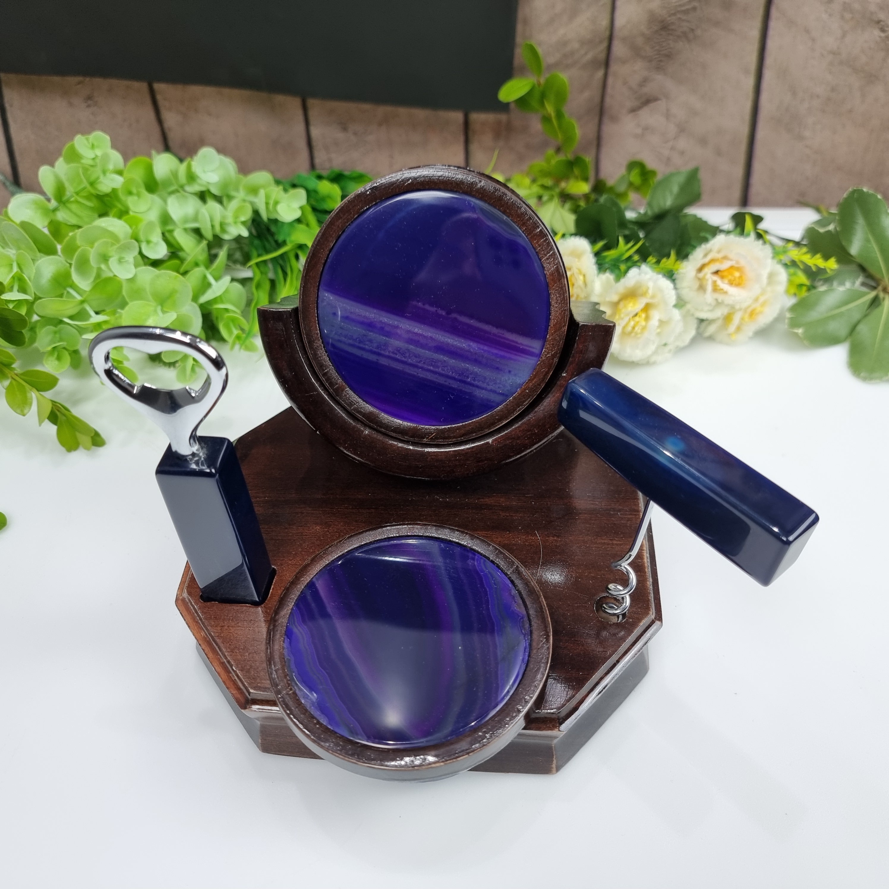 Portavasos Ágata Bar KIT con base de madera 6 unidades piedras naturales peso 1,8 kg