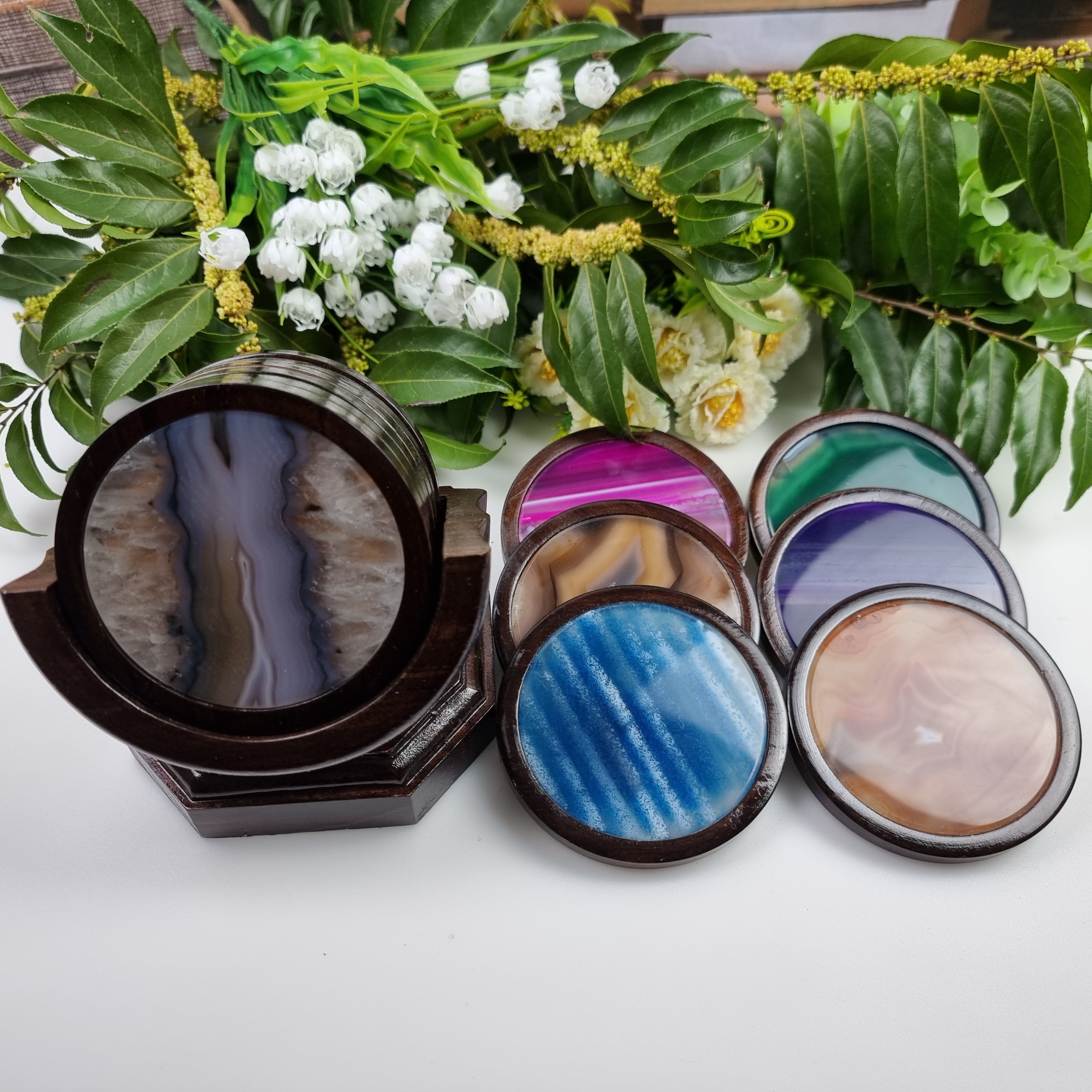 Agate coasters SET with wooden base 6 pieces natural stones 1.60 Kg Super Special