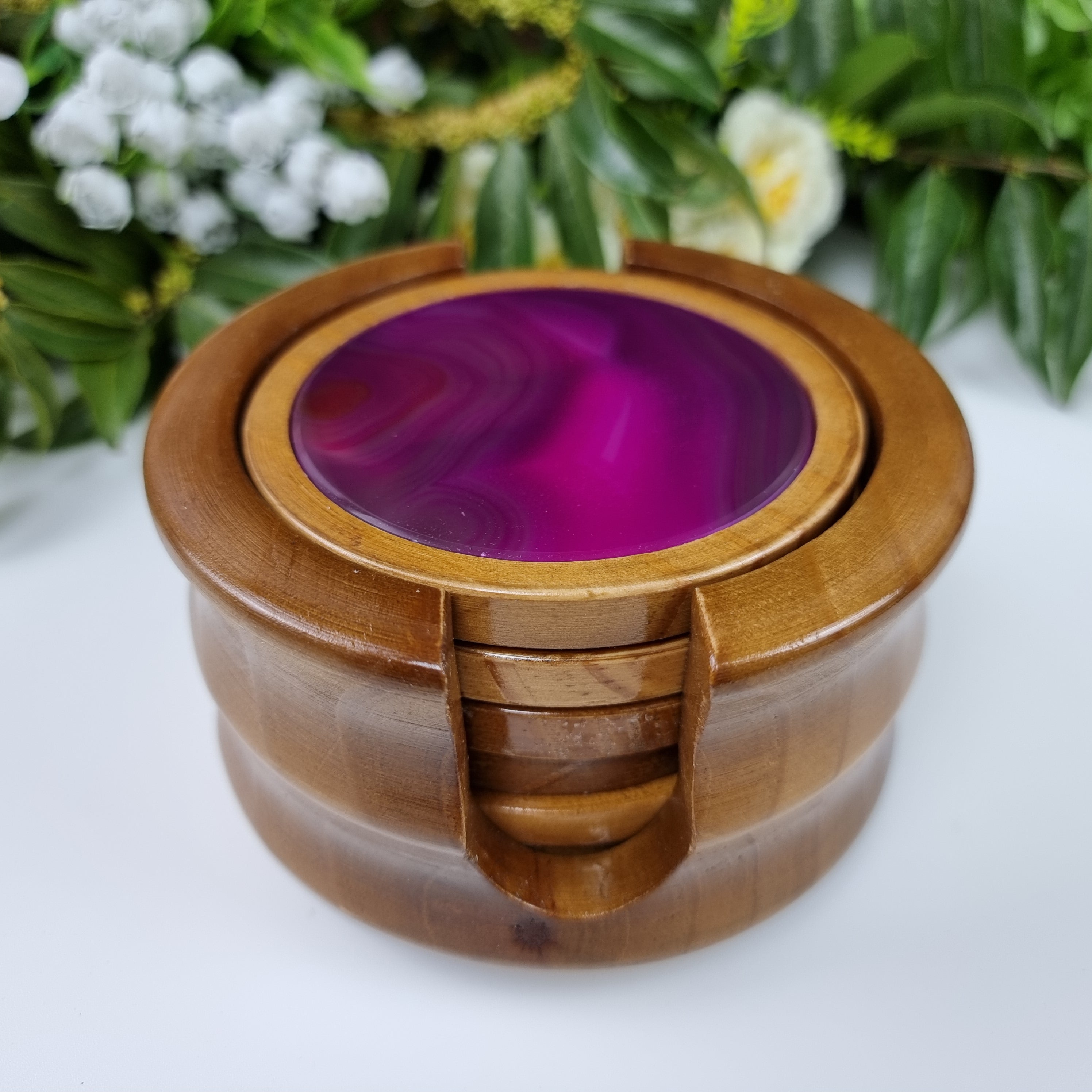 Agate Coasters SPECIAL KIT with wooden base, 6 units, natural stones, 1.60 Kg