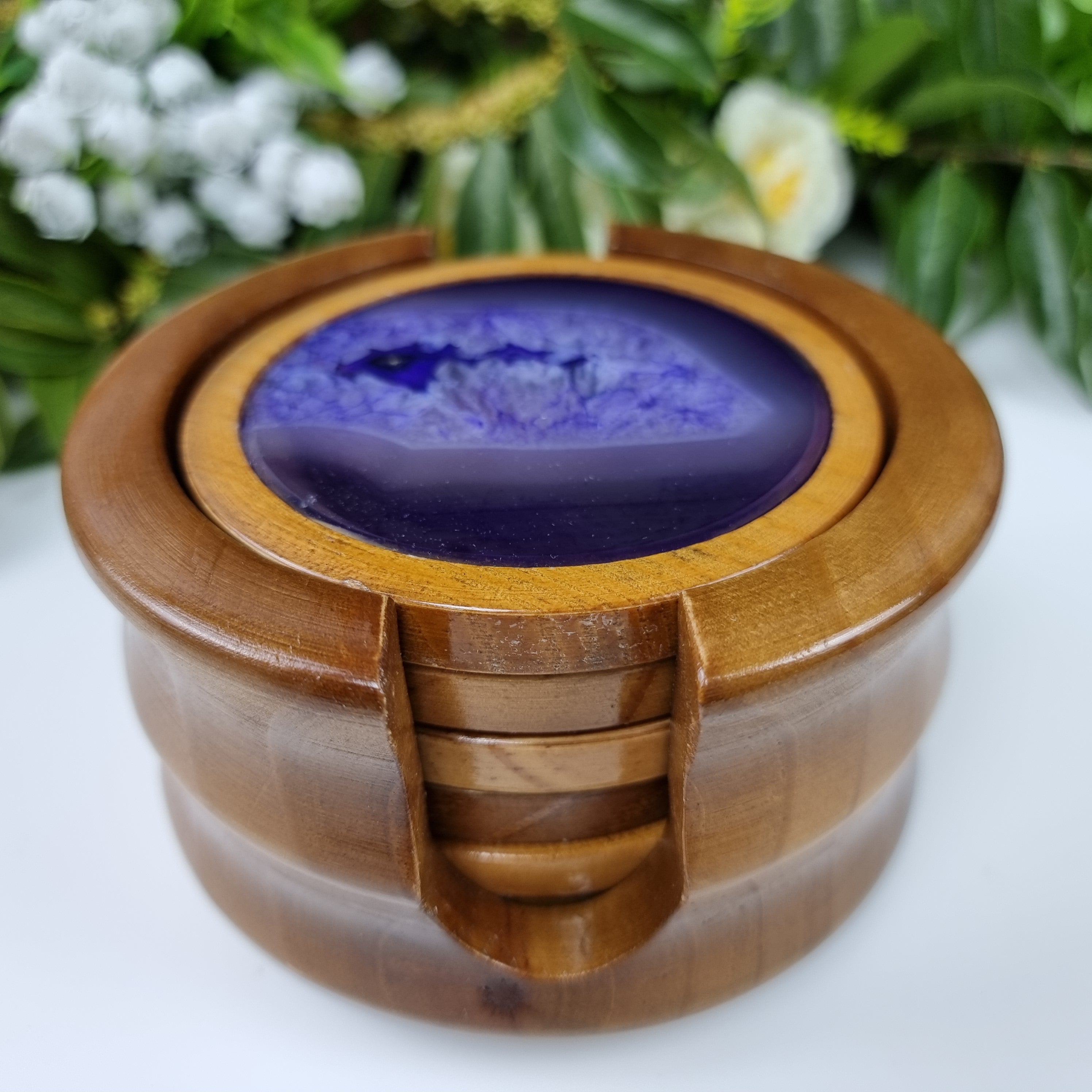 Agate Coasters SPECIAL KIT with wooden base, 6 units, natural stones, 1.60 Kg