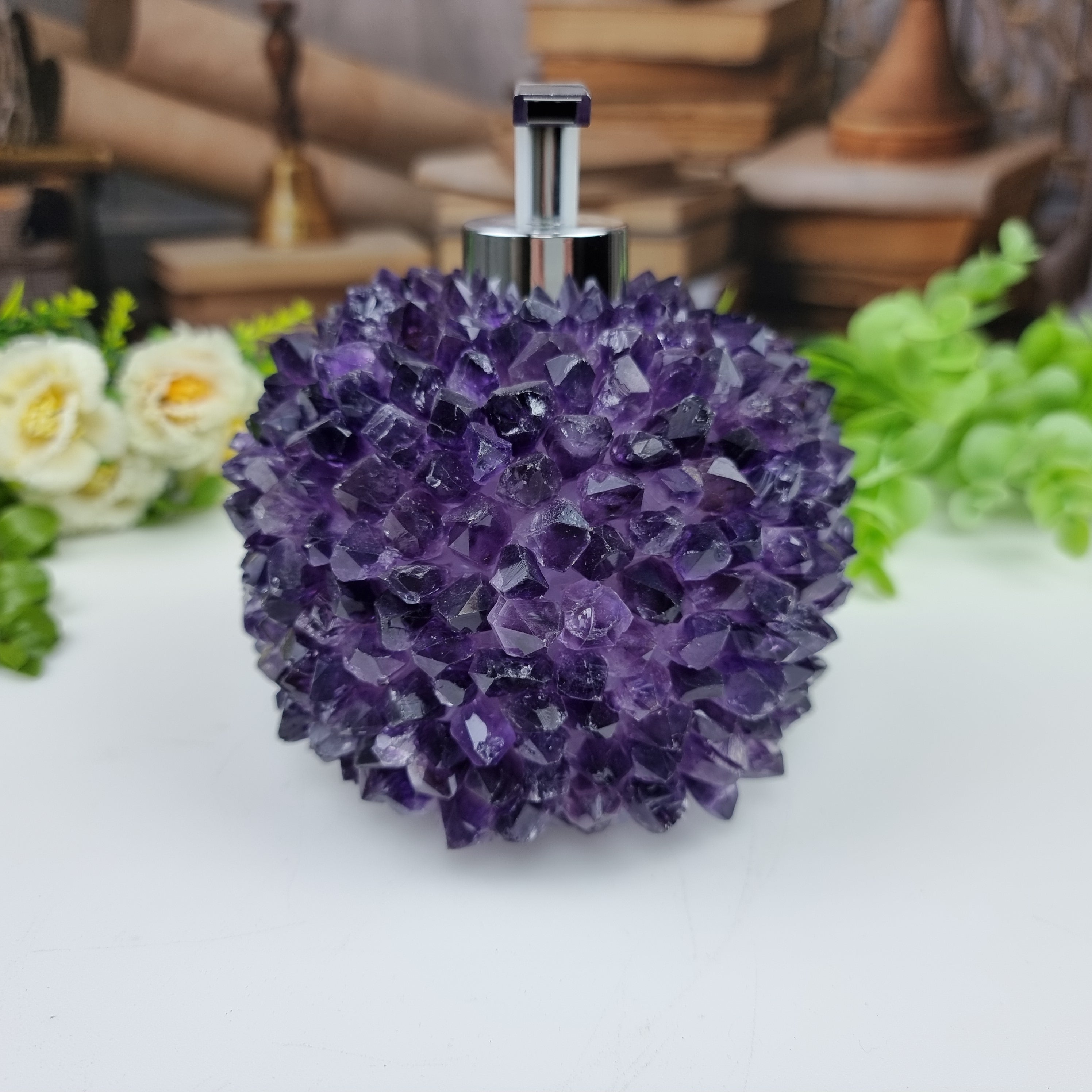 Amethyst Crystal Soap Dispenser | Extra Quality height 15 cm | Gold and Silver Mouthpiece | Energy, Beauty, and Sophistication