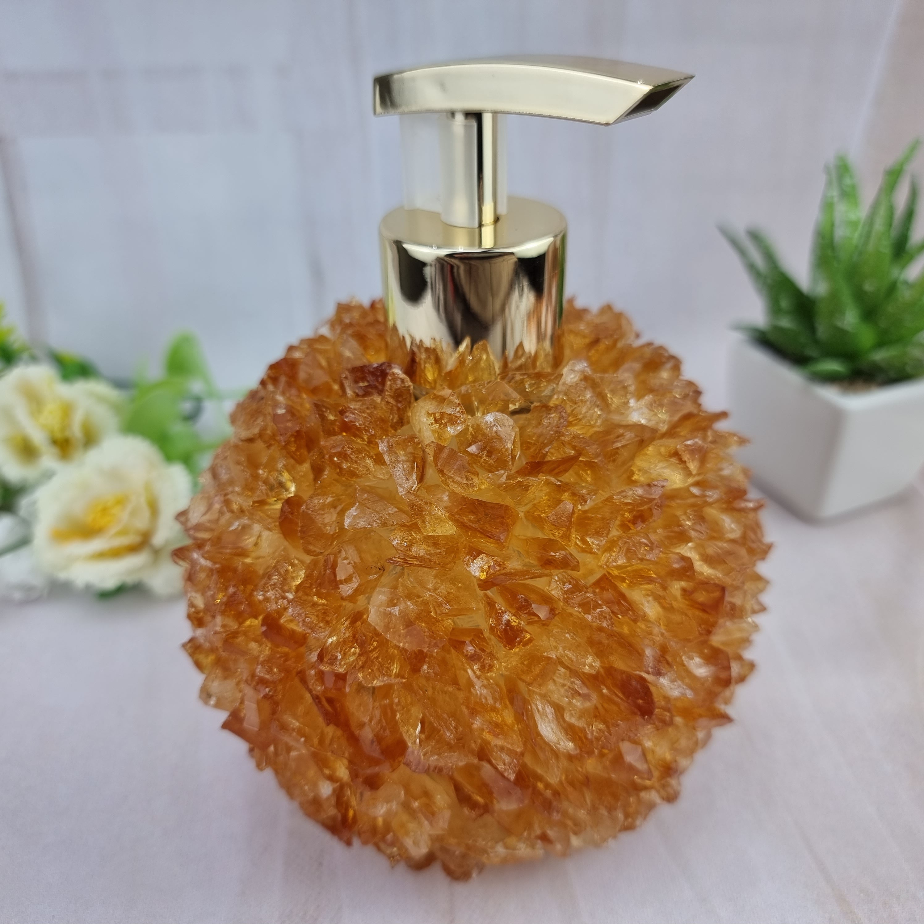 Jabonera de CITRINO con Cristales | Altura 15 cm | Boquilla Dorada y Plateada | Energía, Belleza y Sofisticación