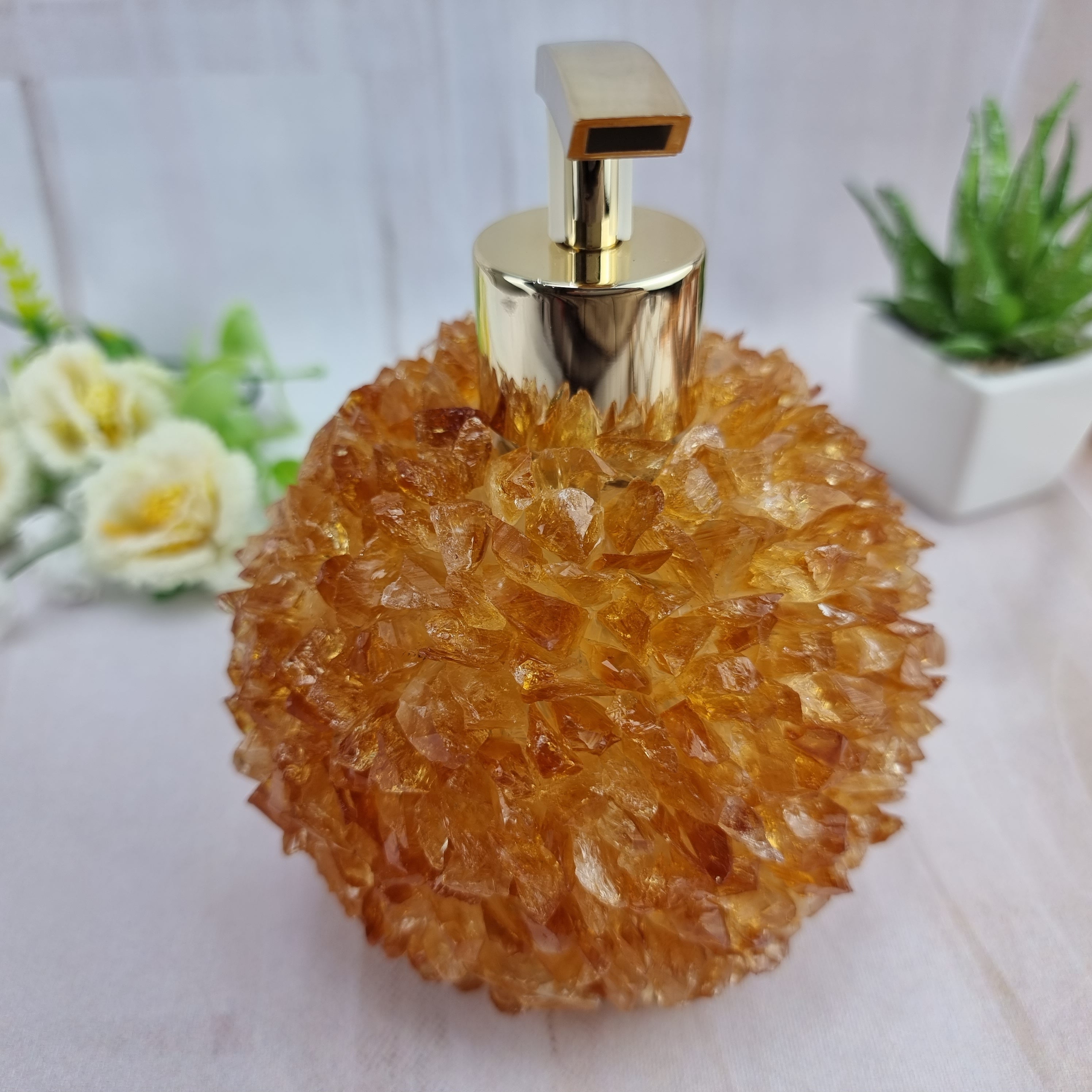 Jabonera de CITRINO con Cristales | Altura 15 cm | Boquilla Dorada y Plateada | Energía, Belleza y Sofisticación