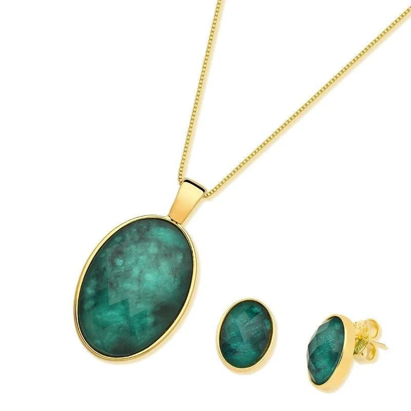 Conjunto Esmeralda Collar y Pendientes Bañados en Oro