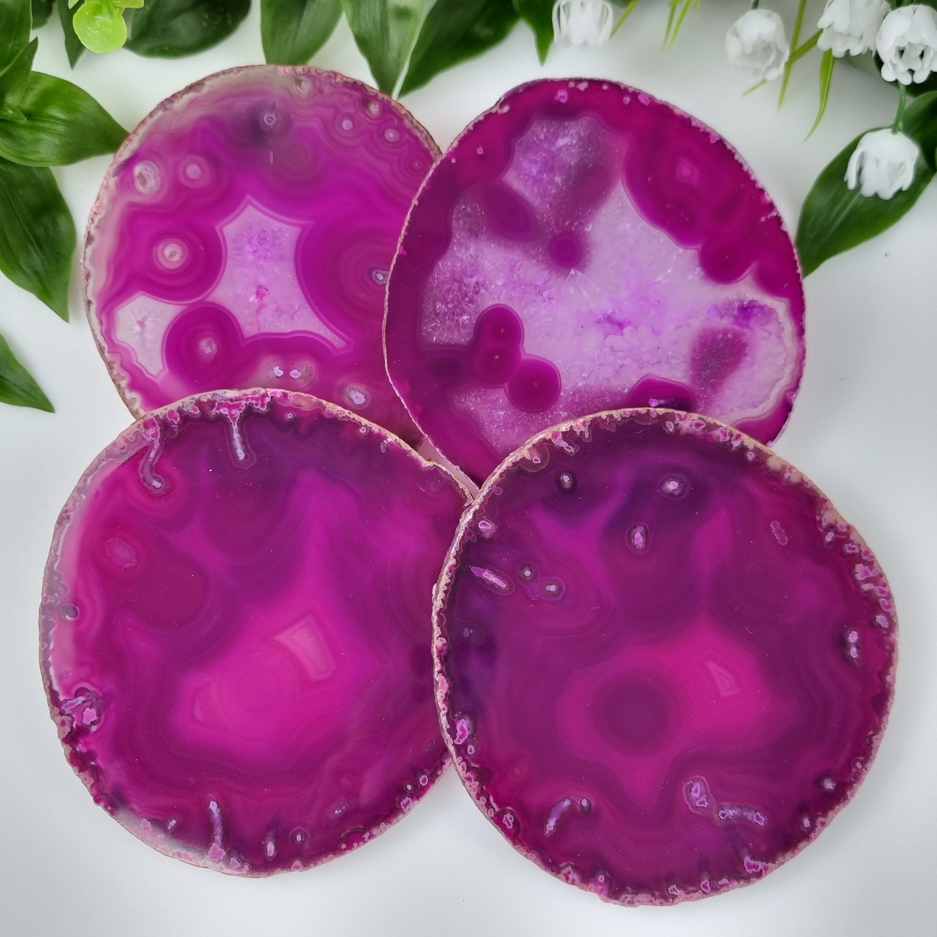 Pink Agate Coasters, size 3.5" to 4.5" each, 4-piece set