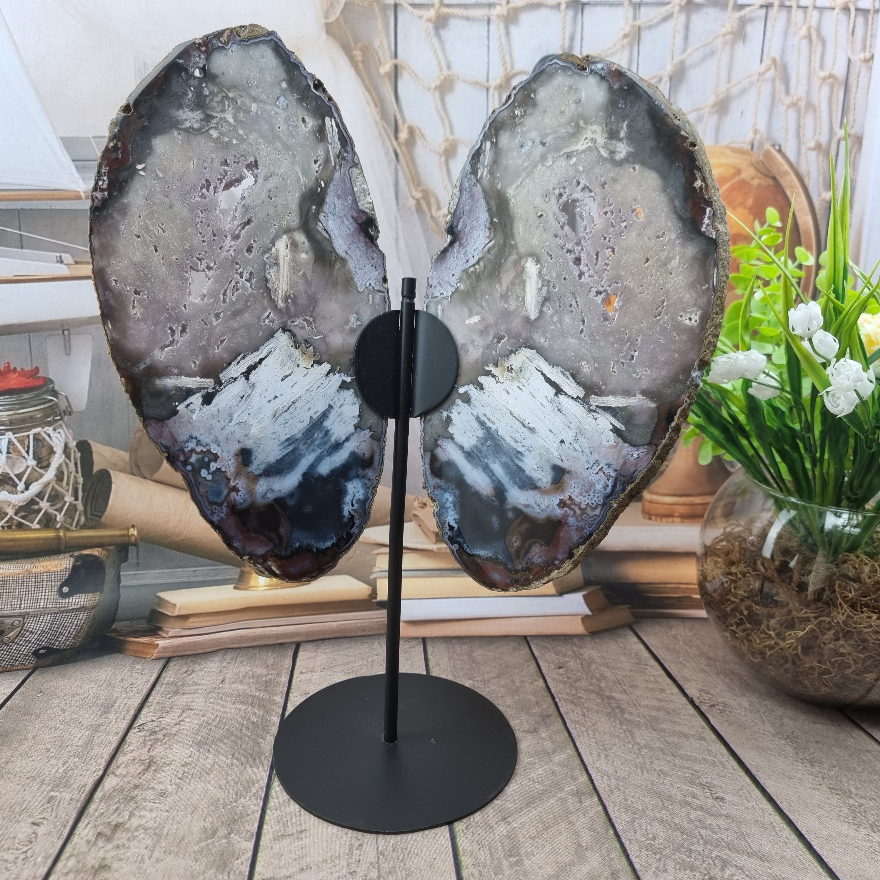 Special Natural Brazilian Agate "Butterfly Wings", Metal Stand, 15.7" Tall #by brcrystals