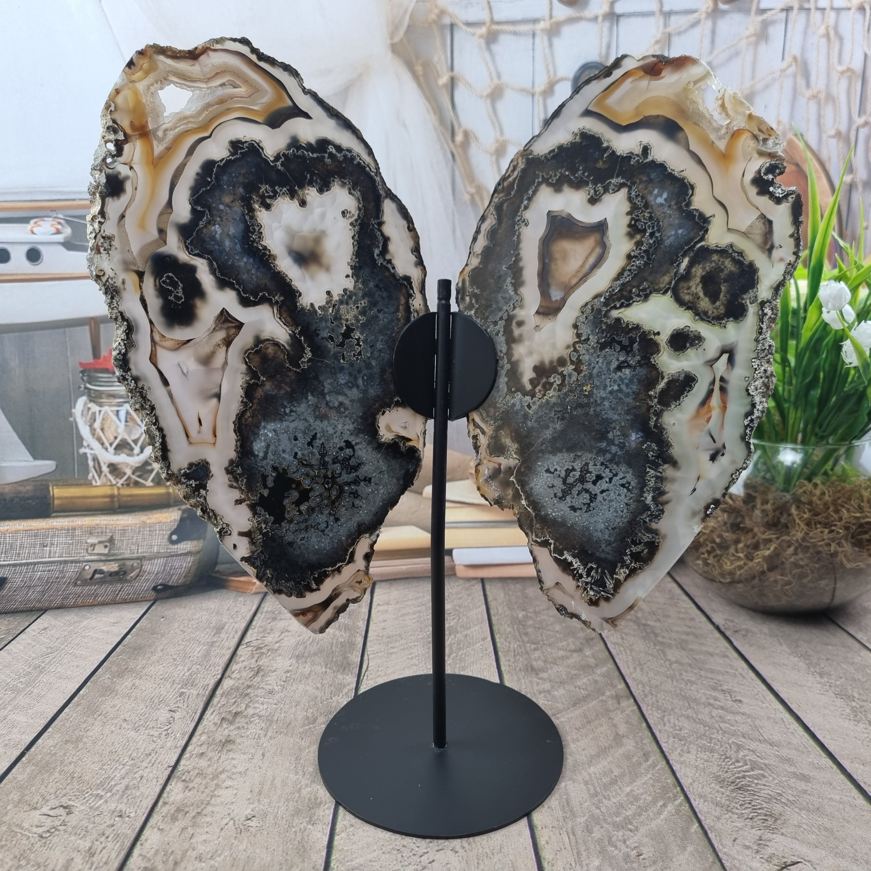 Special Natural Brazilian Agate "Butterfly Wings", Metal Stand, 15.7" Tall #by brcrystals