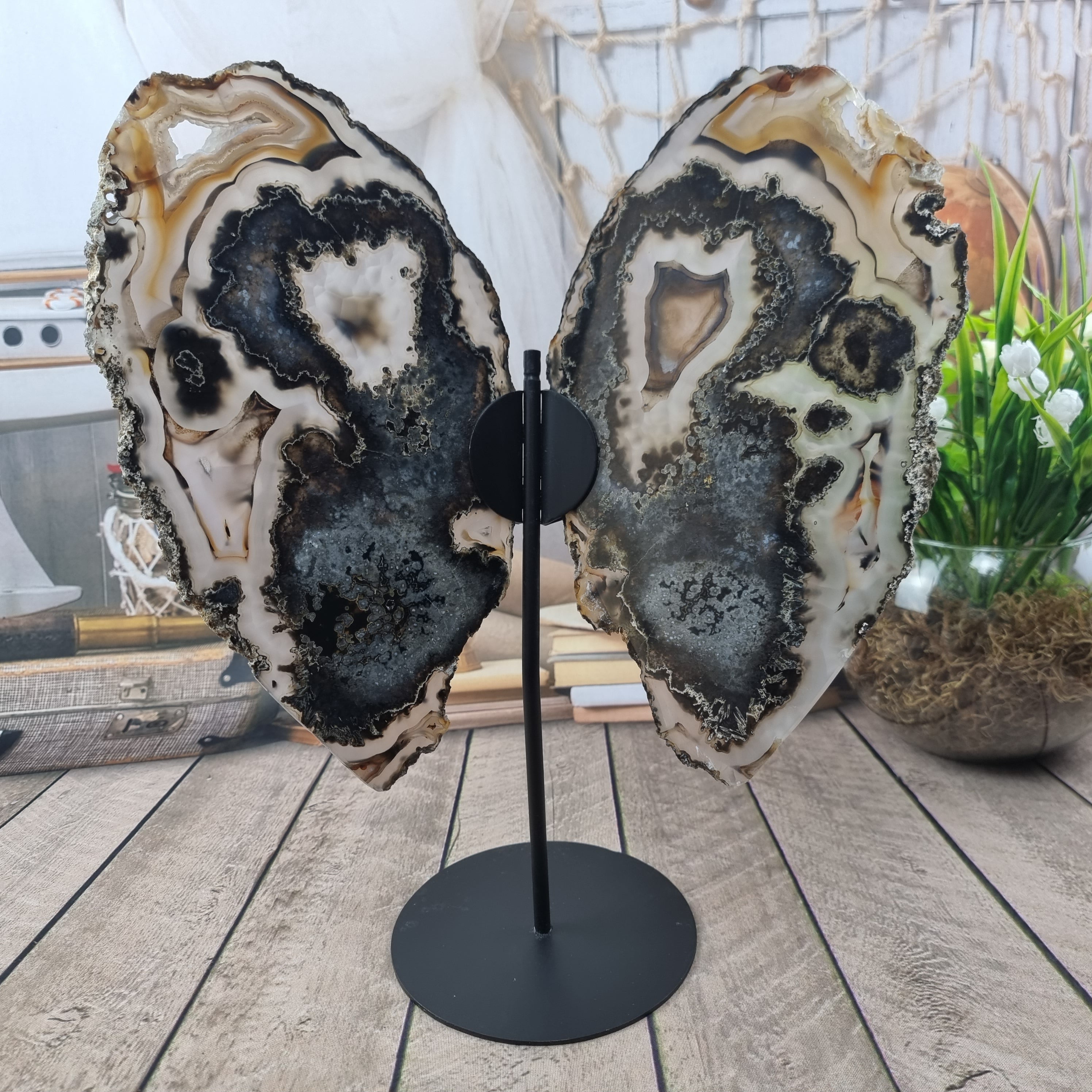 Special Natural Brazilian Agate "Butterfly Wings", Metal Stand, 15.7" Tall #by brcrystals