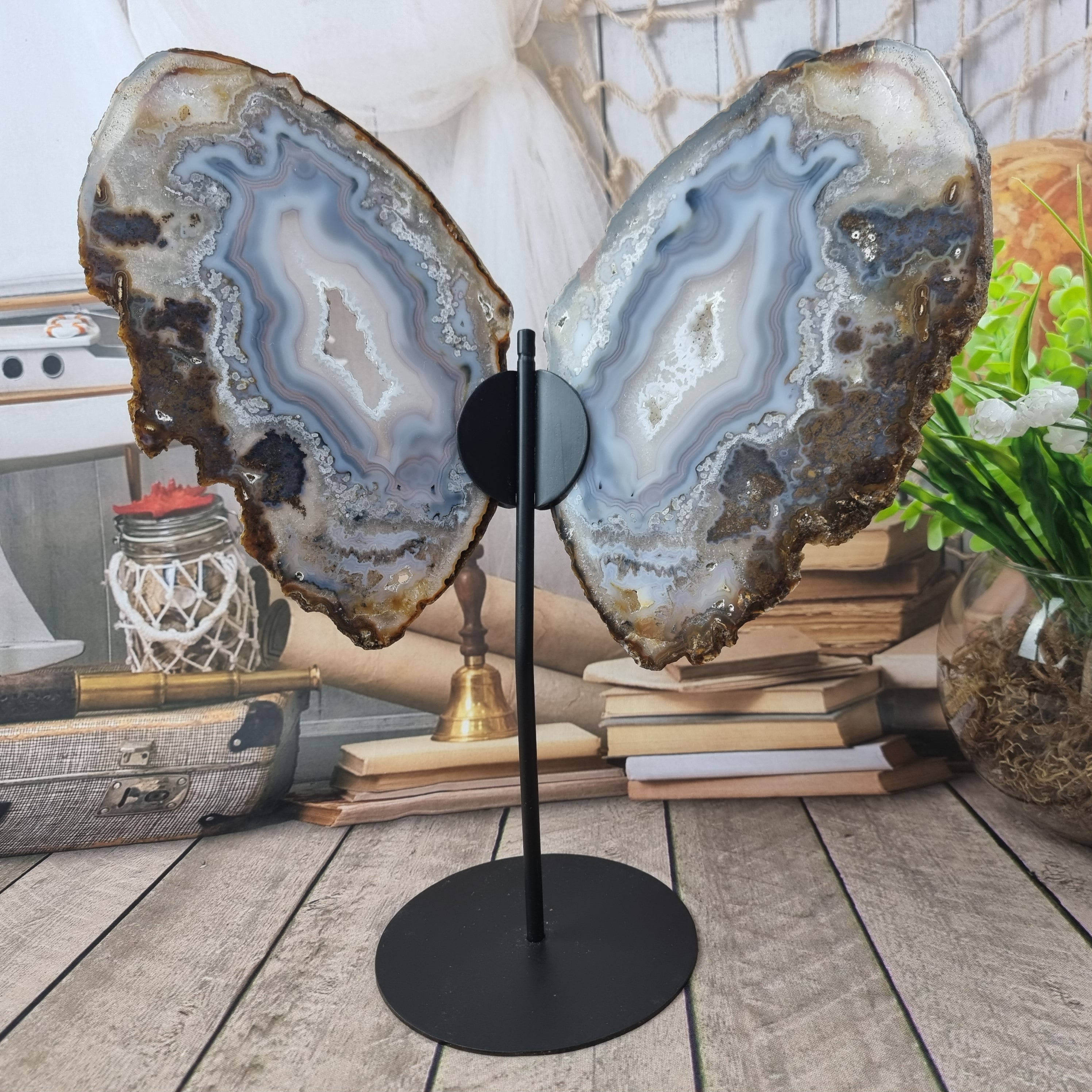 Special Natural Brazilian Agate "Butterfly Wings", Metal Stand, 15.7" Tall #by brcrystals