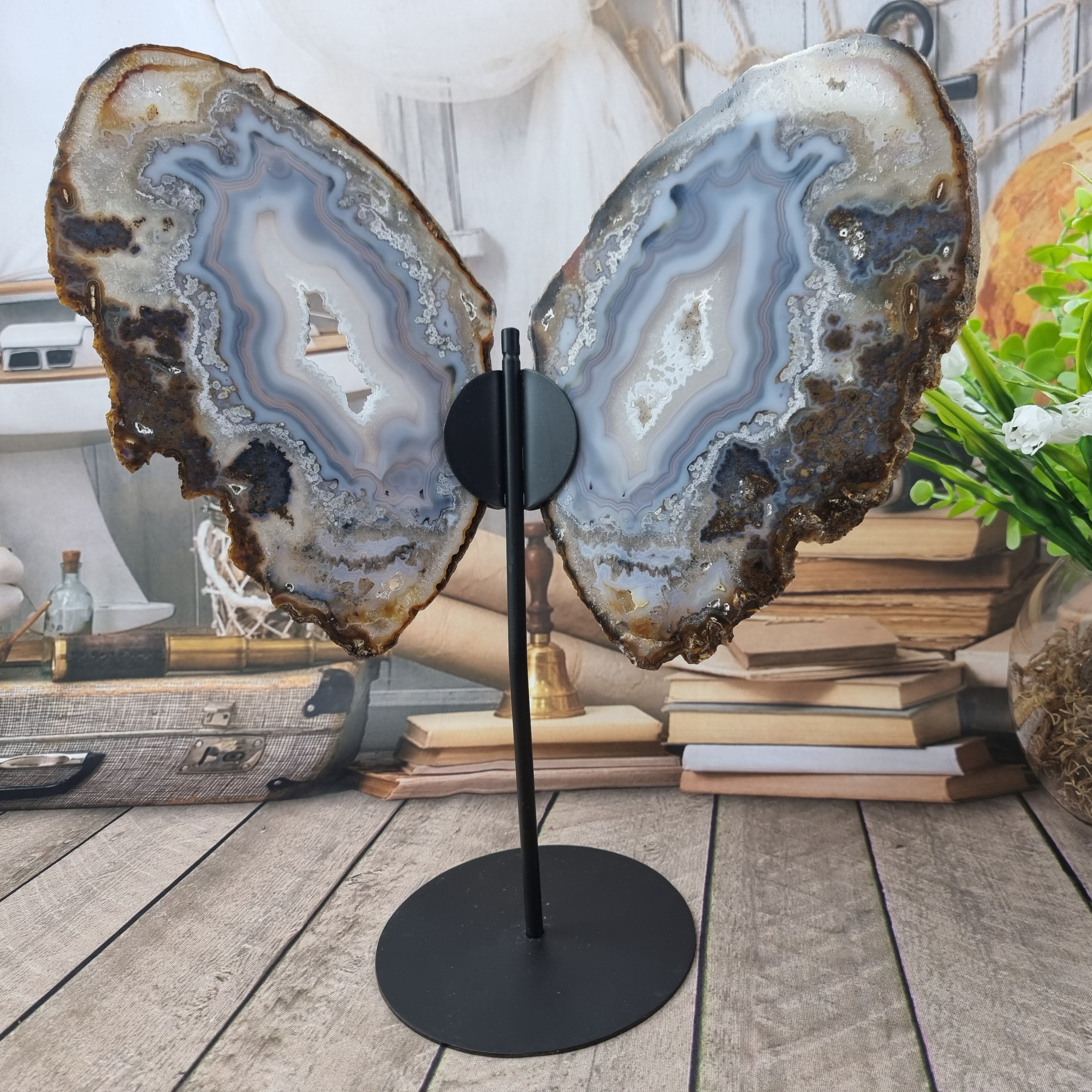 Special Natural Brazilian Agate "Butterfly Wings", Metal Stand, 15.7" Tall #by brcrystals