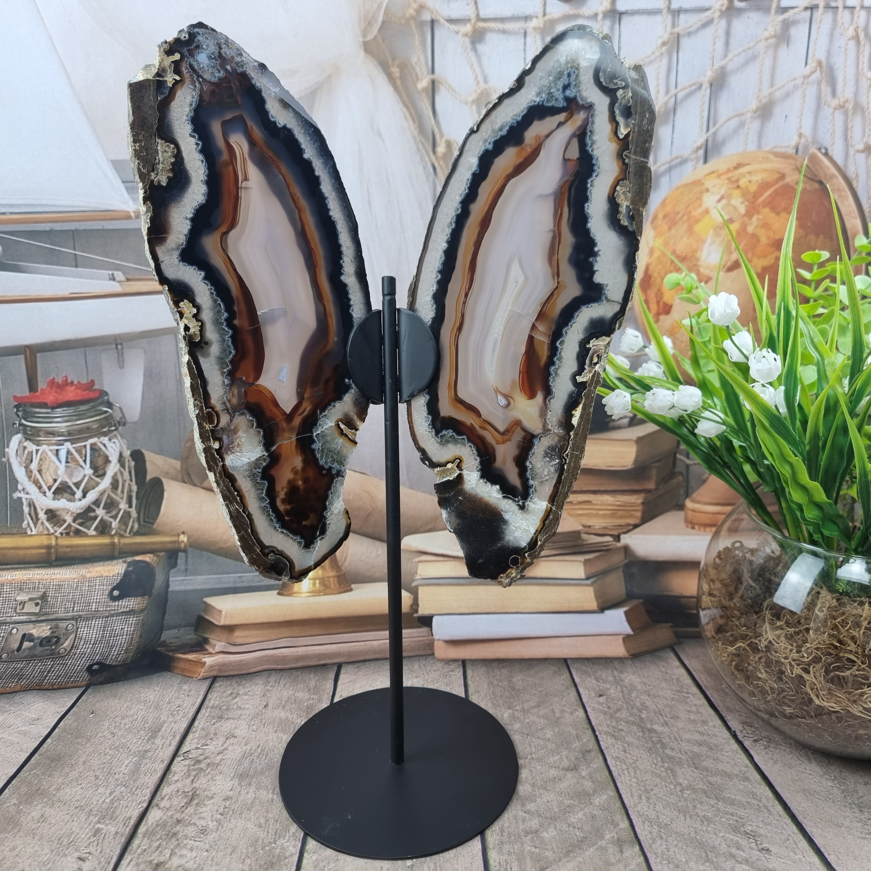 Special Natural Brazilian Agate "Butterfly Wings", Metal Stand, 15.7" Tall #by brcrystals