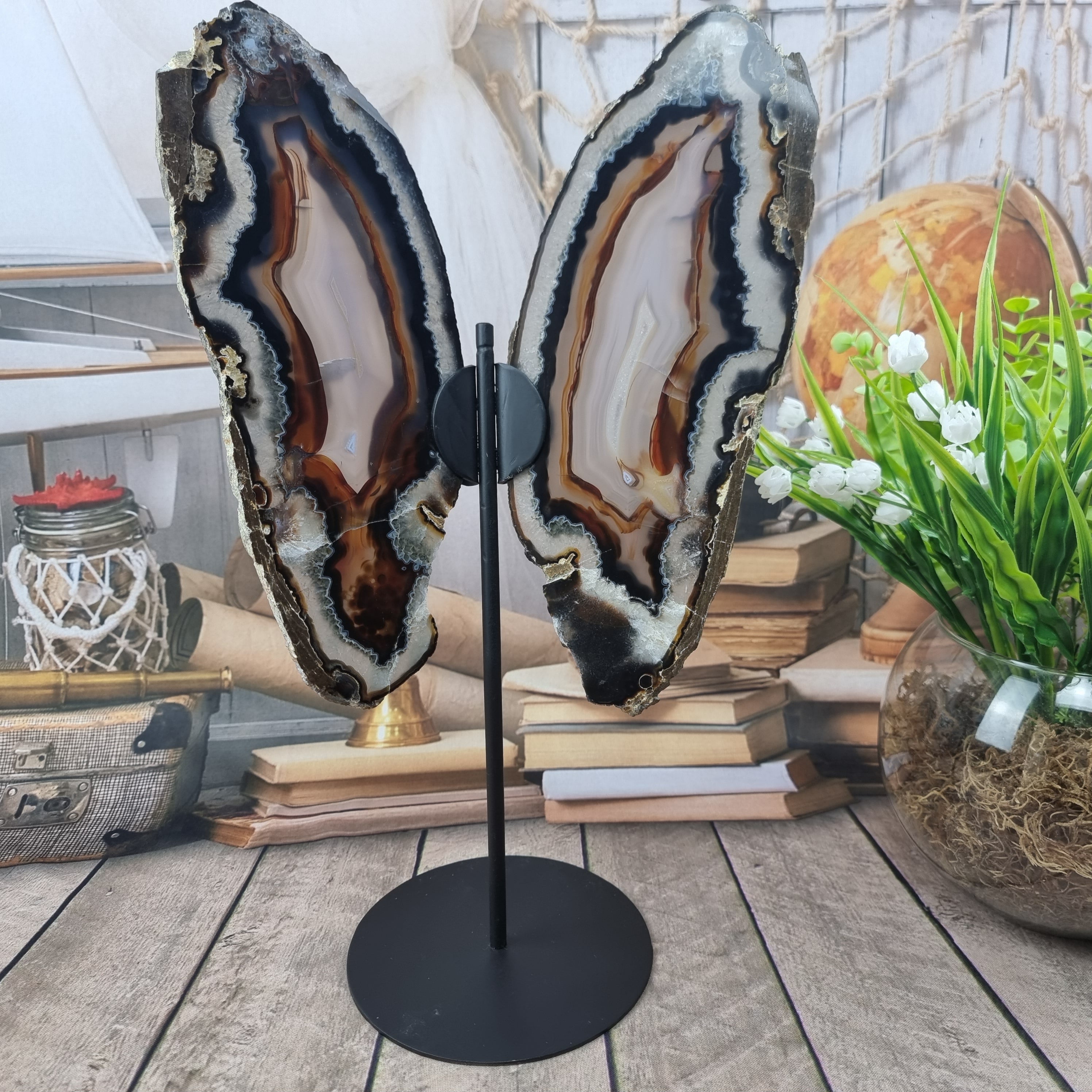 Special Natural Brazilian Agate "Butterfly Wings", Metal Stand, 15.7" Tall #by brcrystals