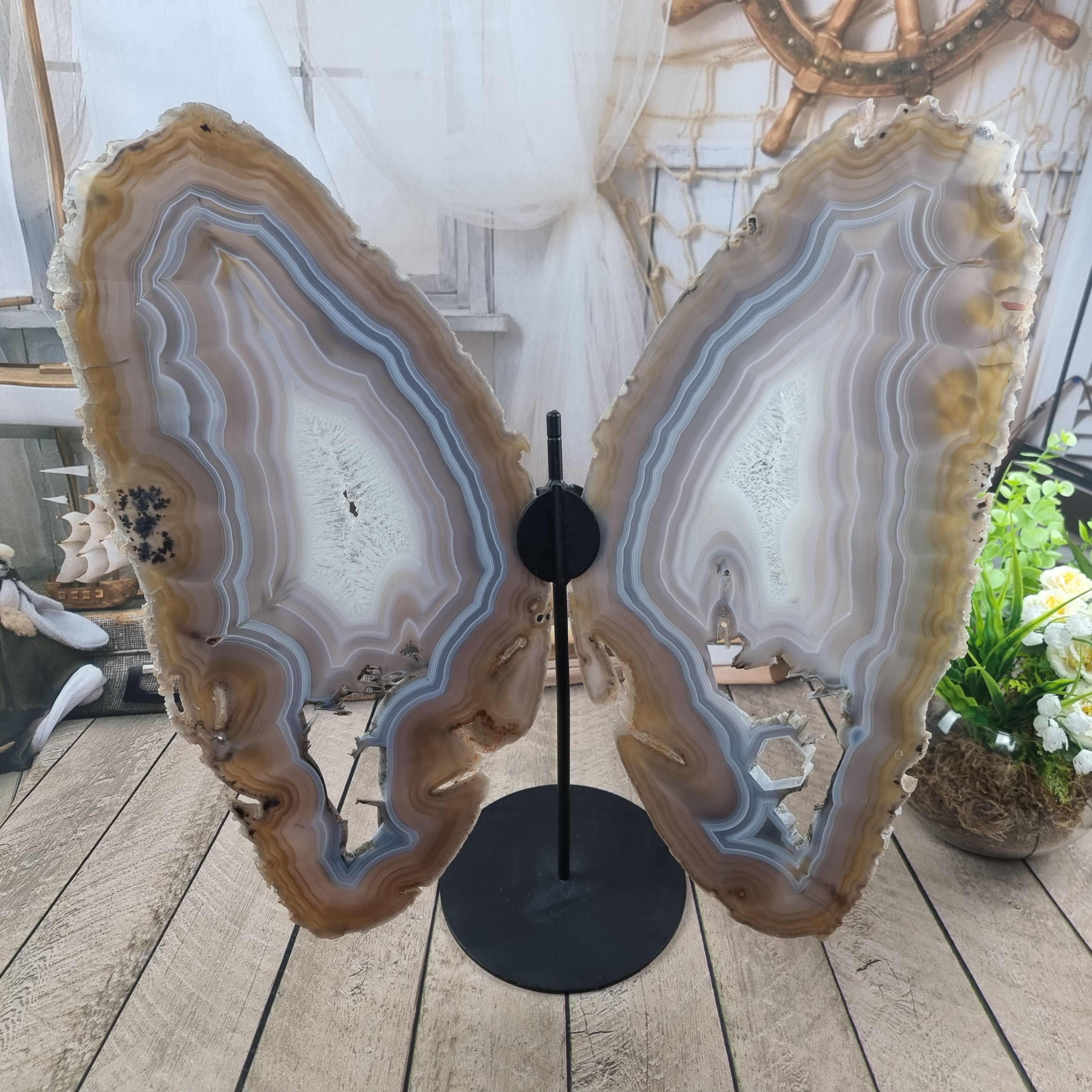 Special Natural Brazilian Agate "Butterfly Wings", Metal Stand, 15.7" Tall #by brcrystals