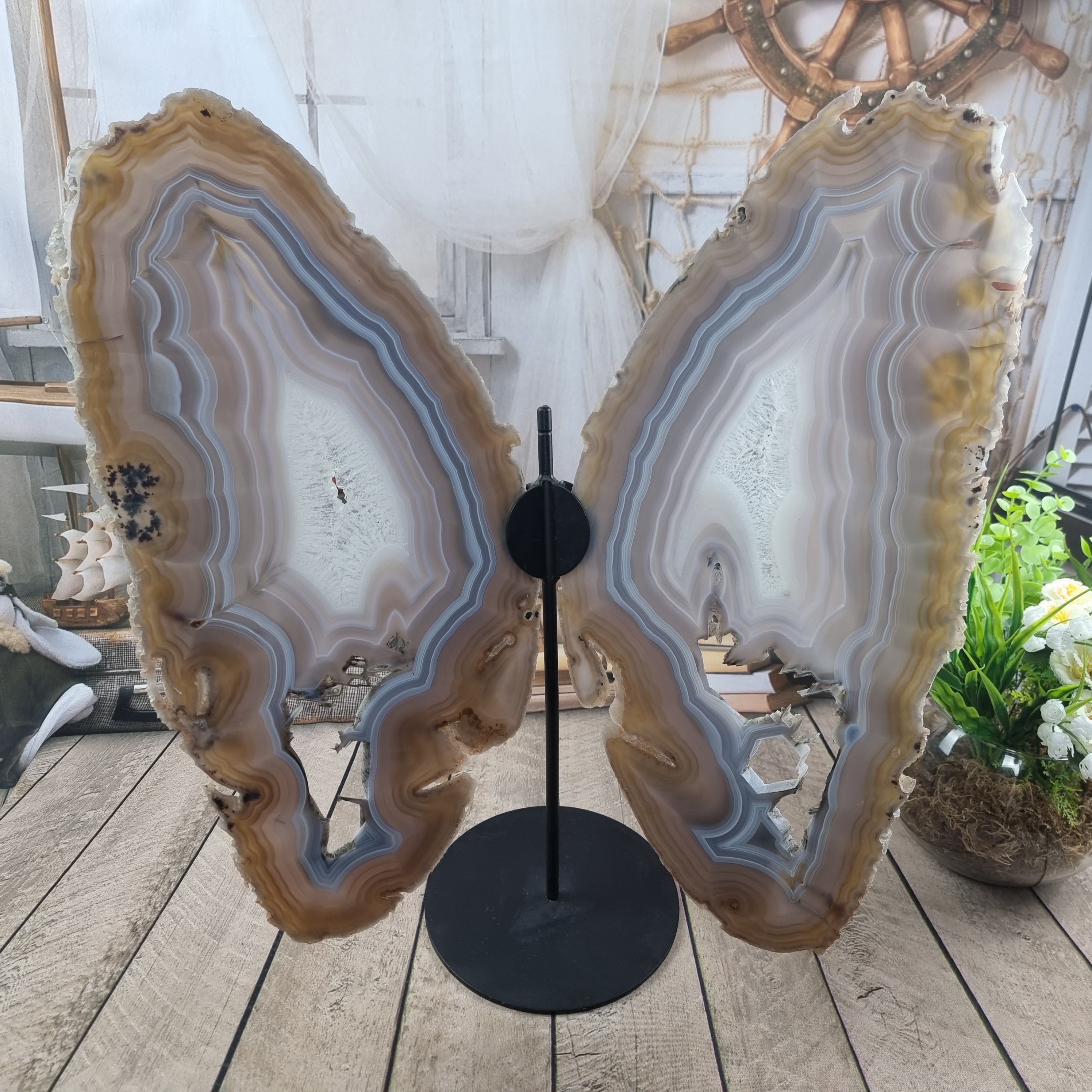 Special Natural Brazilian Agate "Butterfly Wings", Metal Stand, 15.7" Tall #by brcrystals