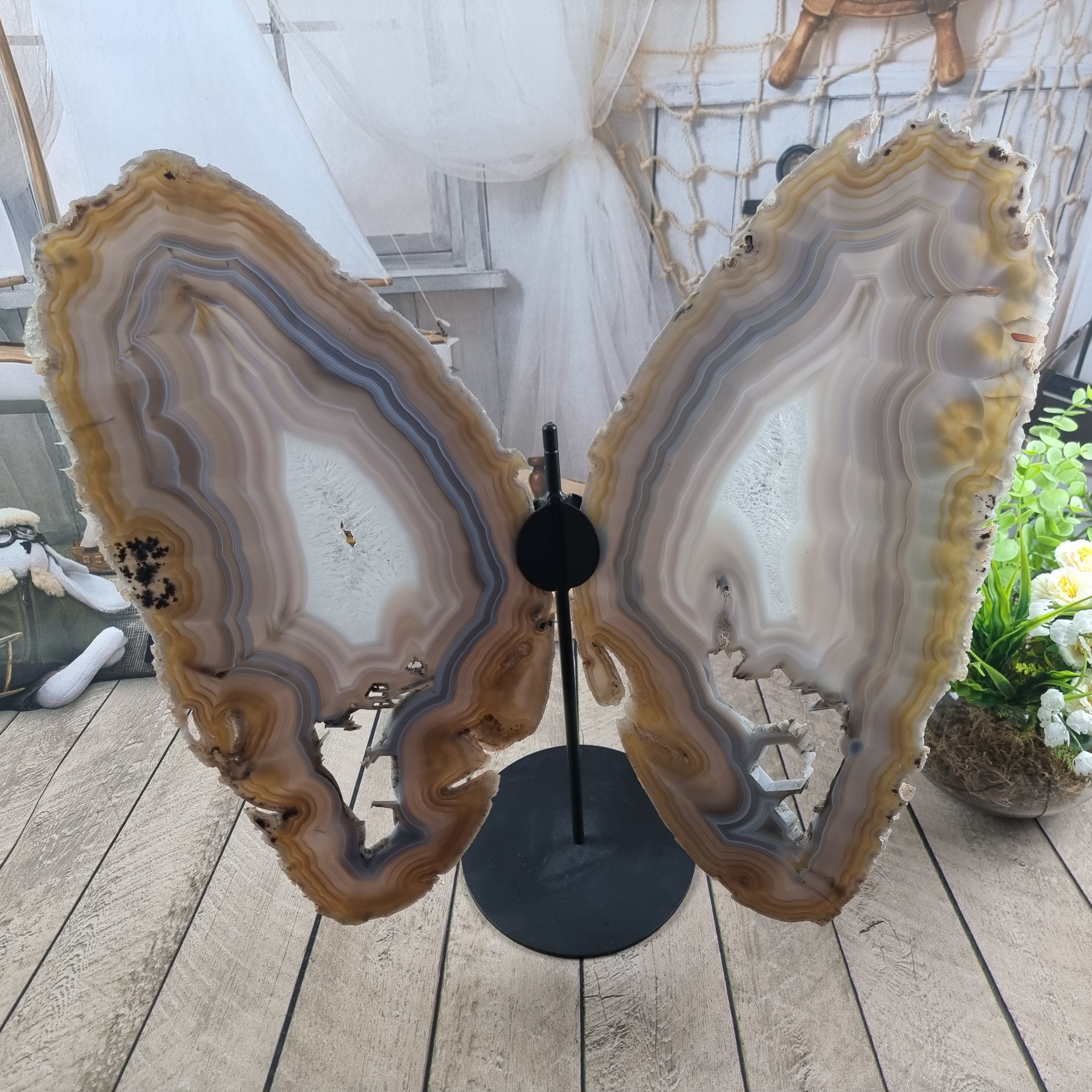 Special Natural Brazilian Agate "Butterfly Wings", Metal Stand, 15.7" Tall #by brcrystals