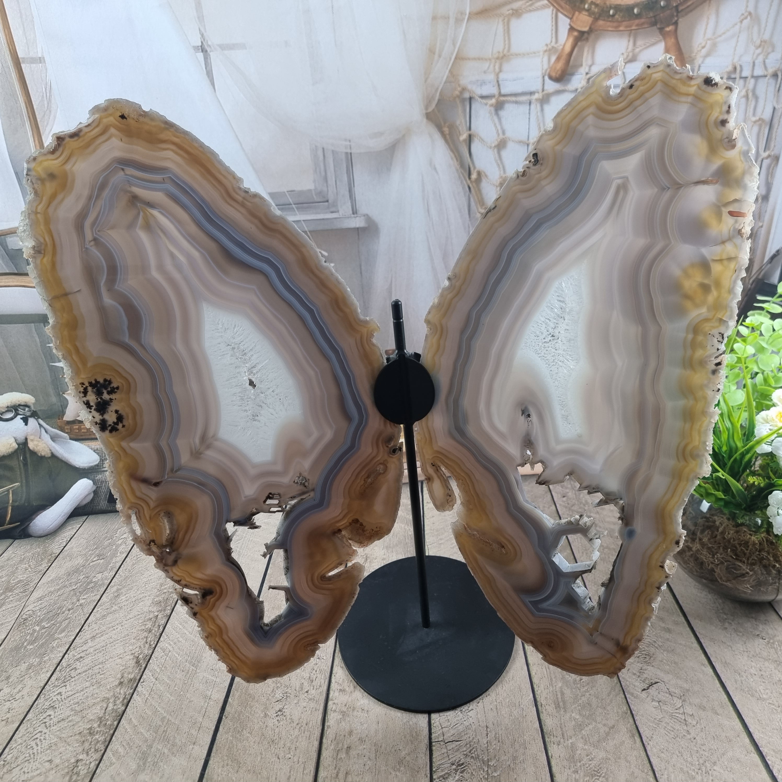 Special Natural Brazilian Agate "Butterfly Wings", Metal Stand, 15.7" Tall #by brcrystals