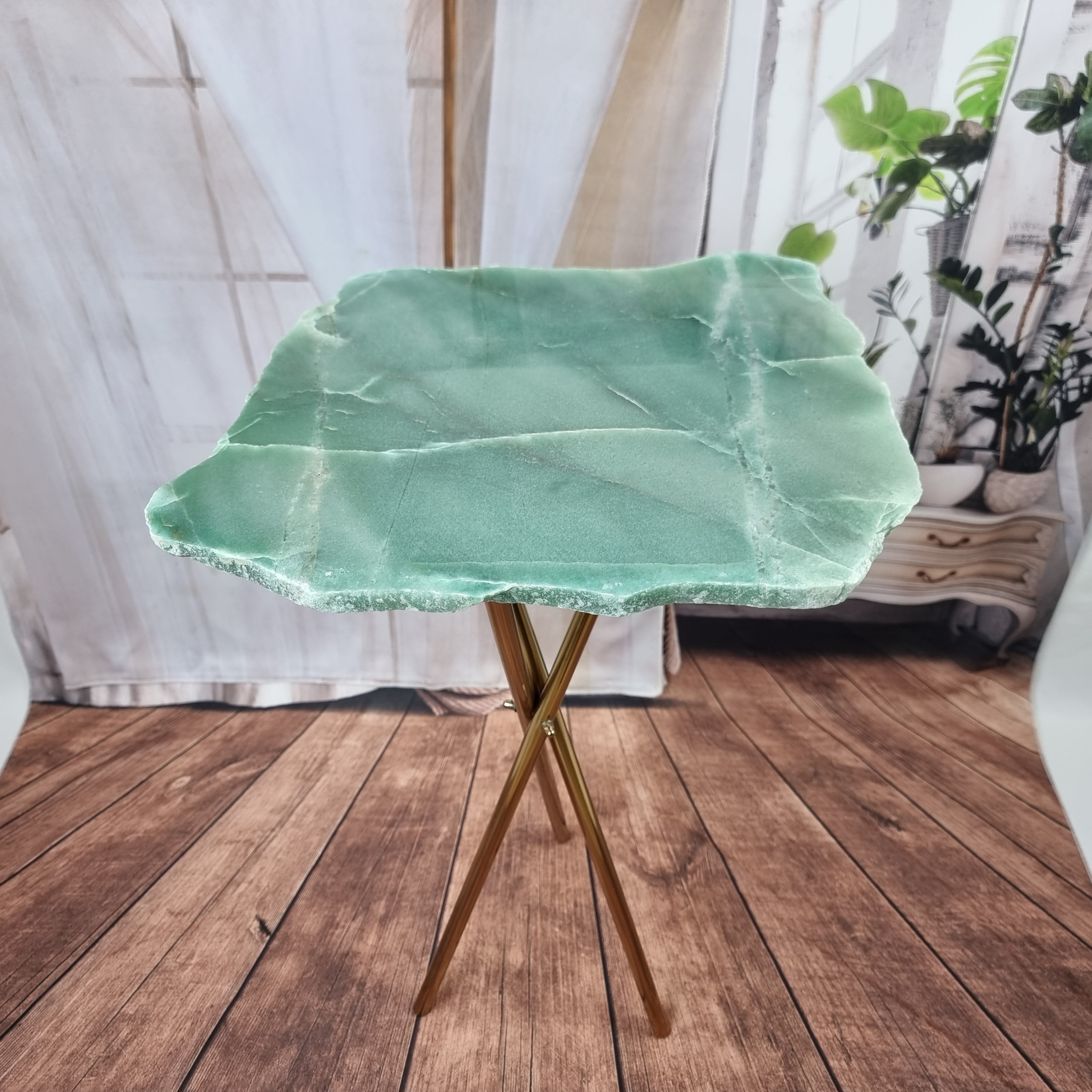 Green QUARTZ Side Table Without Plating | Gold Brass Tripod Base | 60 cm Height - Handmade Piece BR Crystals