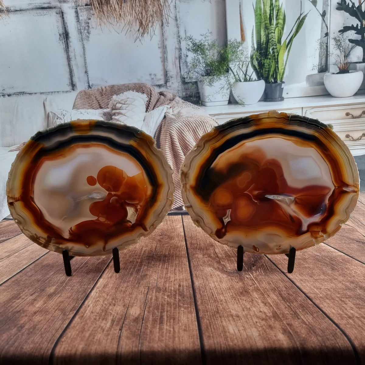 Natural Agate Slabs on Metal Stand - Special Large Natural Brazilian  - Set of 2