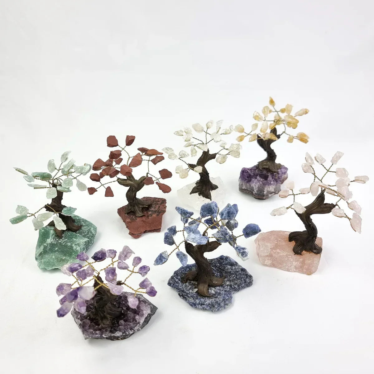 5" Tall Rough 7 Chakra Tree, Amethyst Base, 24 Gems Total Model, 8 branches