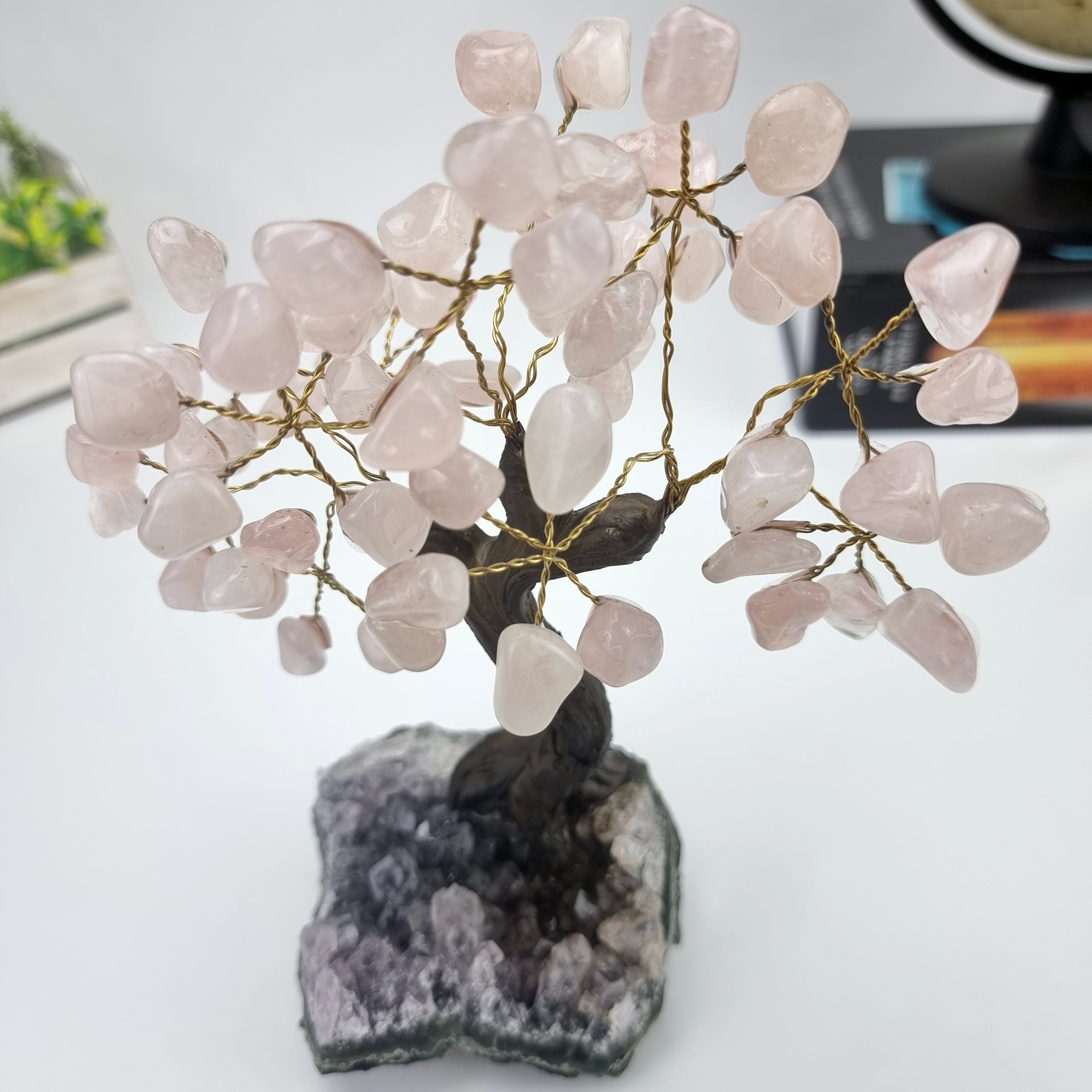 7" Tall Handmade Gemstone Rose Quartz Tree on a Amethyst Cluster base,60 Total Gems Model, 9 Gems Options Available