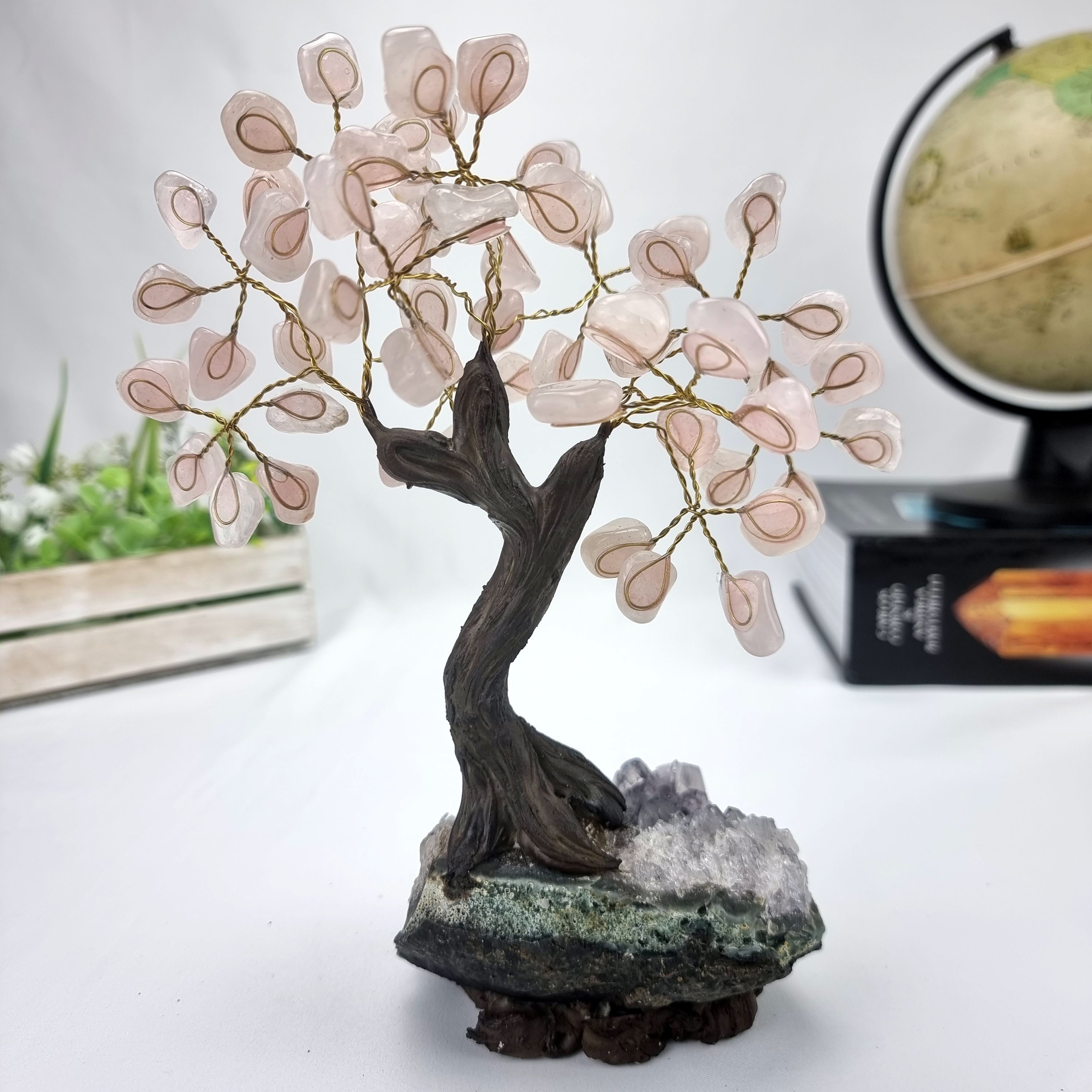 Árbol de CUARZO ROSA Natural | 60 Piedras, 12 ramas | Base de Amatista con 15 cm de altura - Pieza Artesanal BR Crystals