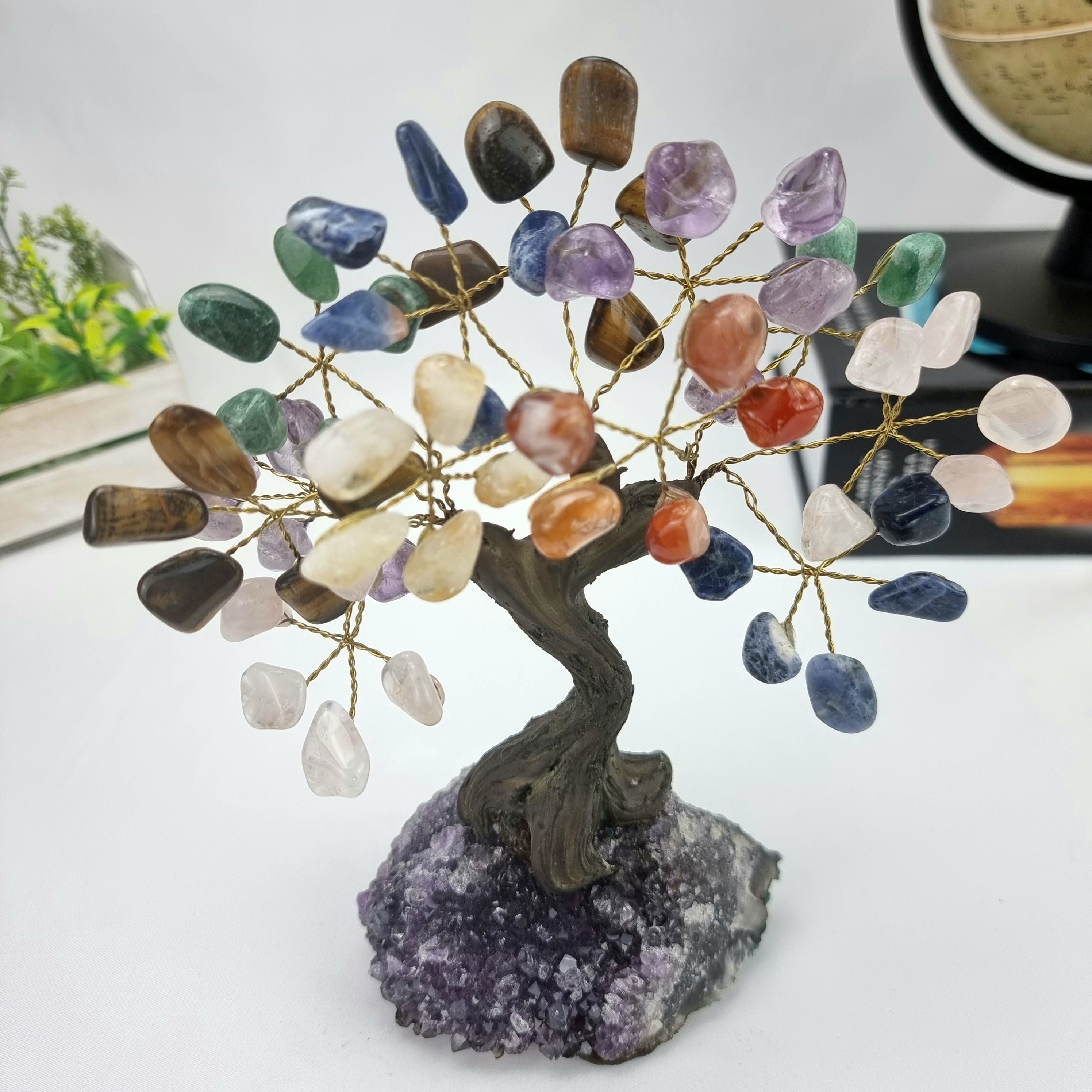 7" Tall Handmade Gemstone 7 Chakra Tree on a Amethyst Cluster base,60 Total Gems Model, 9 Gems Options available