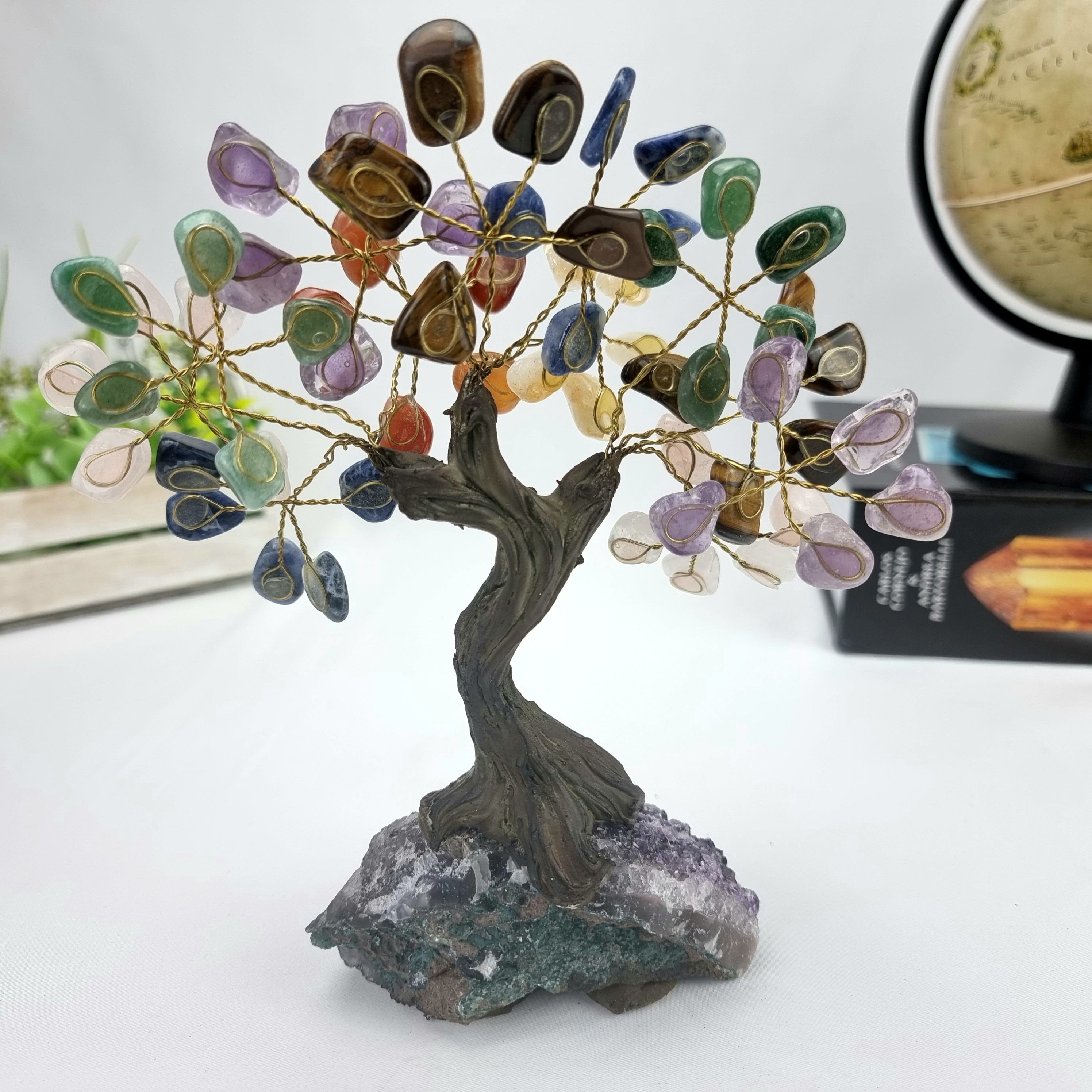 7" Tall Handmade Gemstone 7 Chakra Tree on a Amethyst Cluster base,60 Total Gems Model, 9 Gems Options available