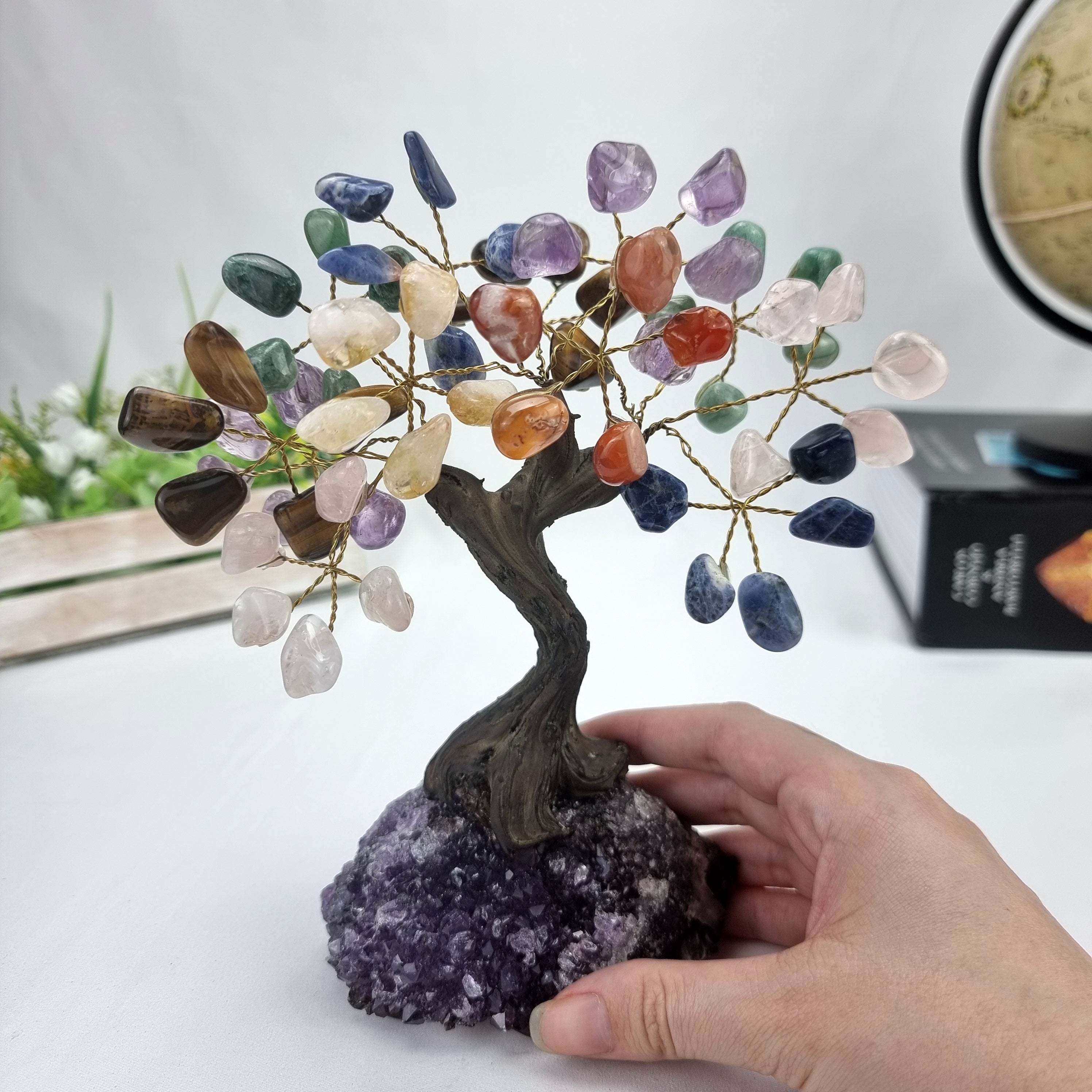 7" Tall Handmade Gemstone 7 Chakra Tree on a Amethyst Cluster base,60 Total Gems Model, 9 Gems Options available