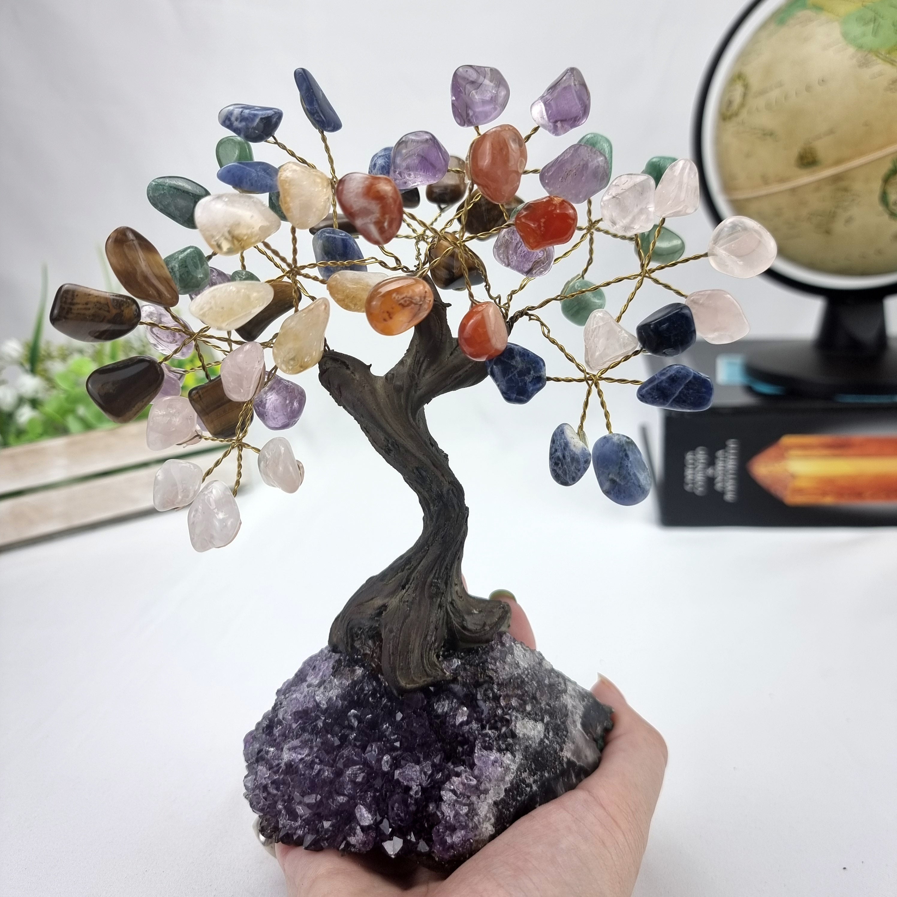 7" Tall Handmade Gemstone 7 Chakra Tree on a Amethyst Cluster base,60 Total Gems Model, 9 Gems Options available