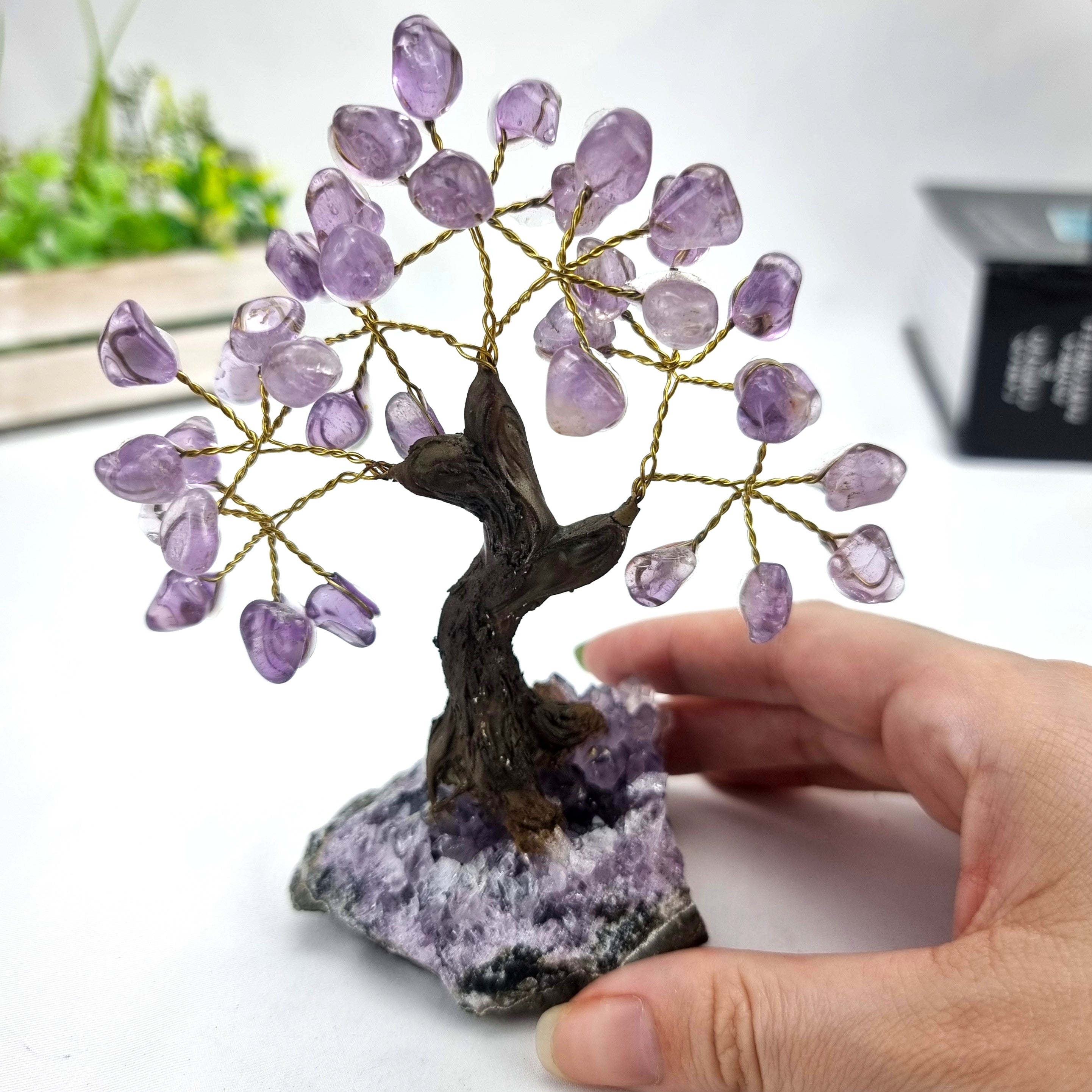 5" Tall Handmade Gemstone Amethyst Tree on a Amethyst Cluster base, 35 Total Gems Model, 9 Gem Options