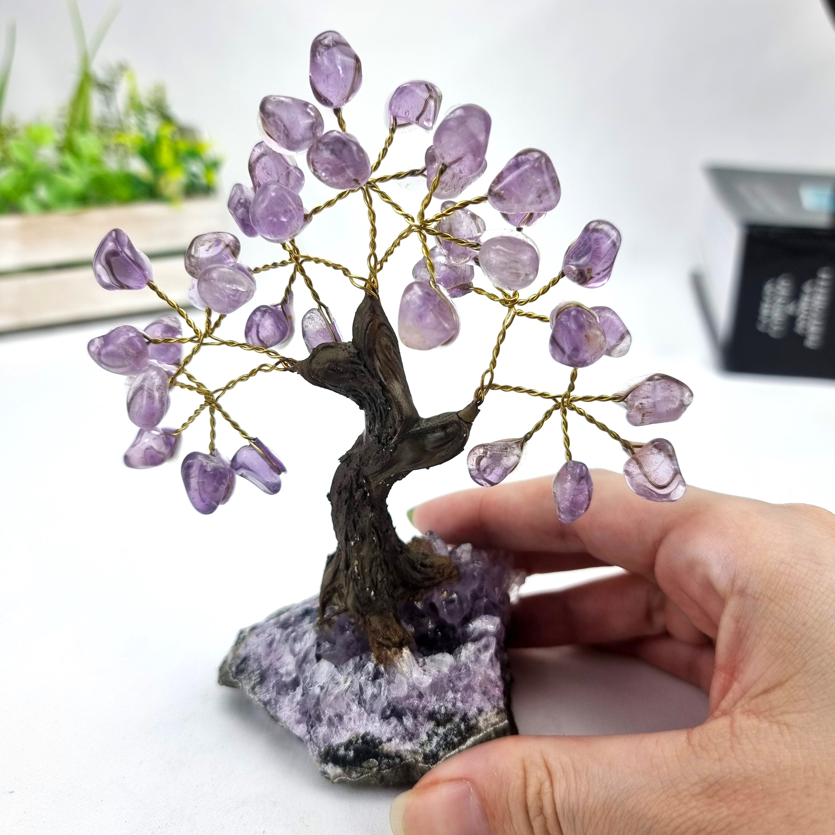 5" Tall Handmade Gemstone Amethyst Tree on a Amethyst Cluster base, 35 Total Gems Model, 9 Gem Options