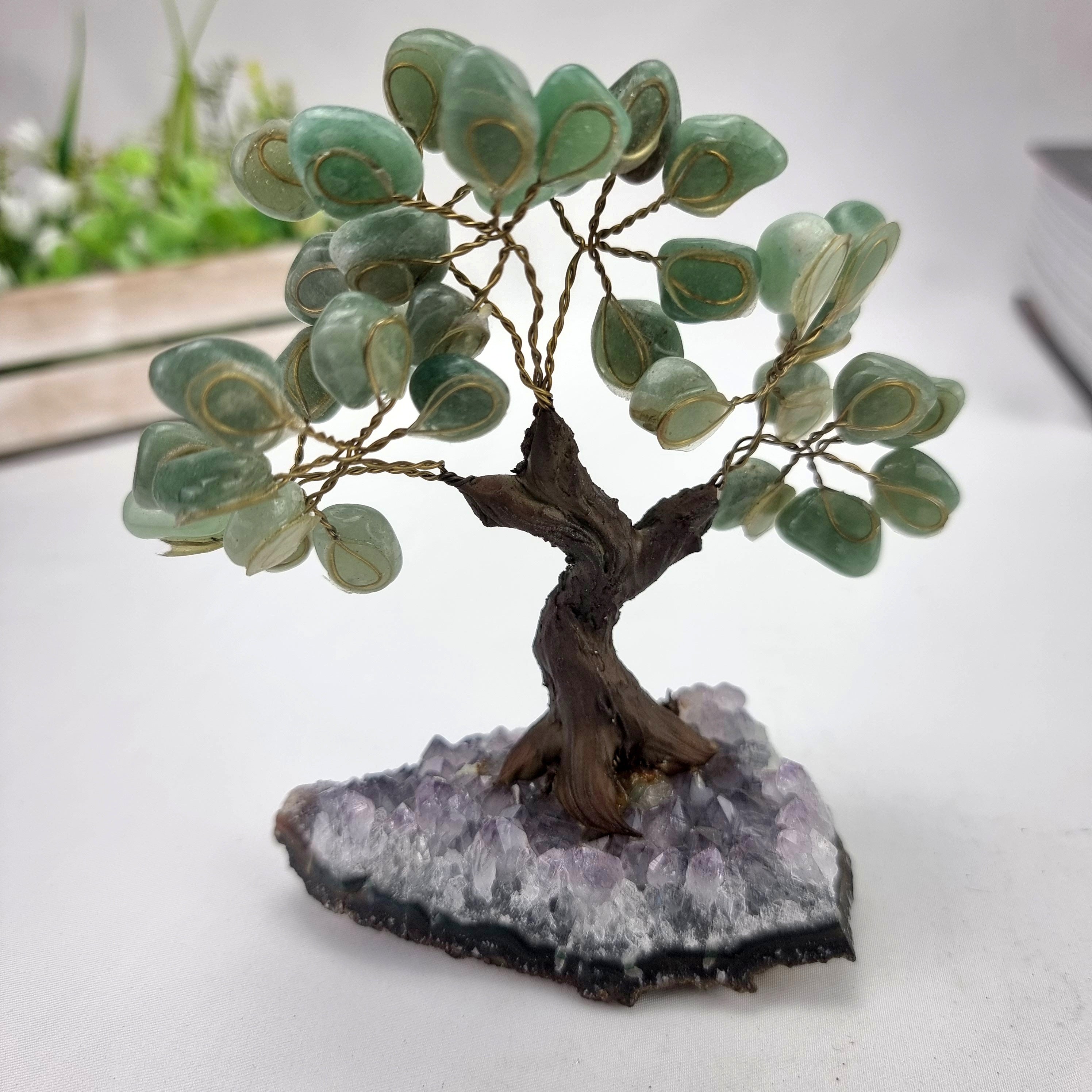 5" Tall Handmade Gemstone Green Quartz Tree on a Amethyst Cluster base, 35 Total Gems Model, 9 Gem Options