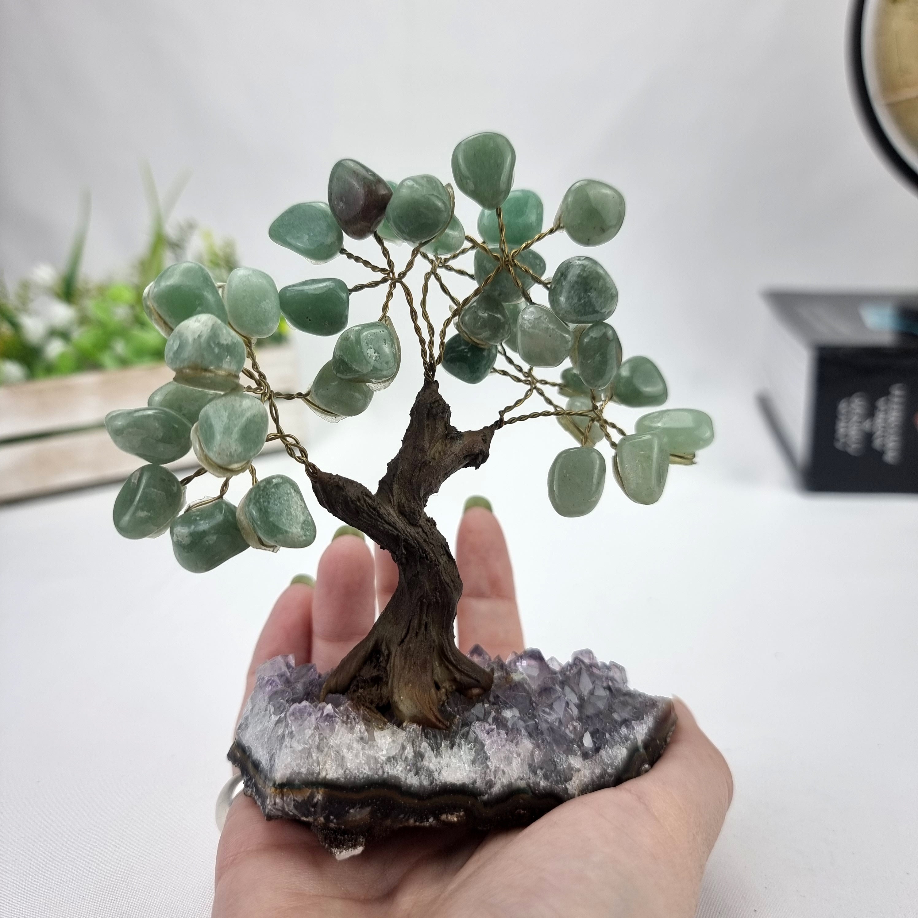 5" Tall Handmade Gemstone Green Quartz Tree on a Amethyst Cluster base, 35 Total Gems Model, 9 Gem Options