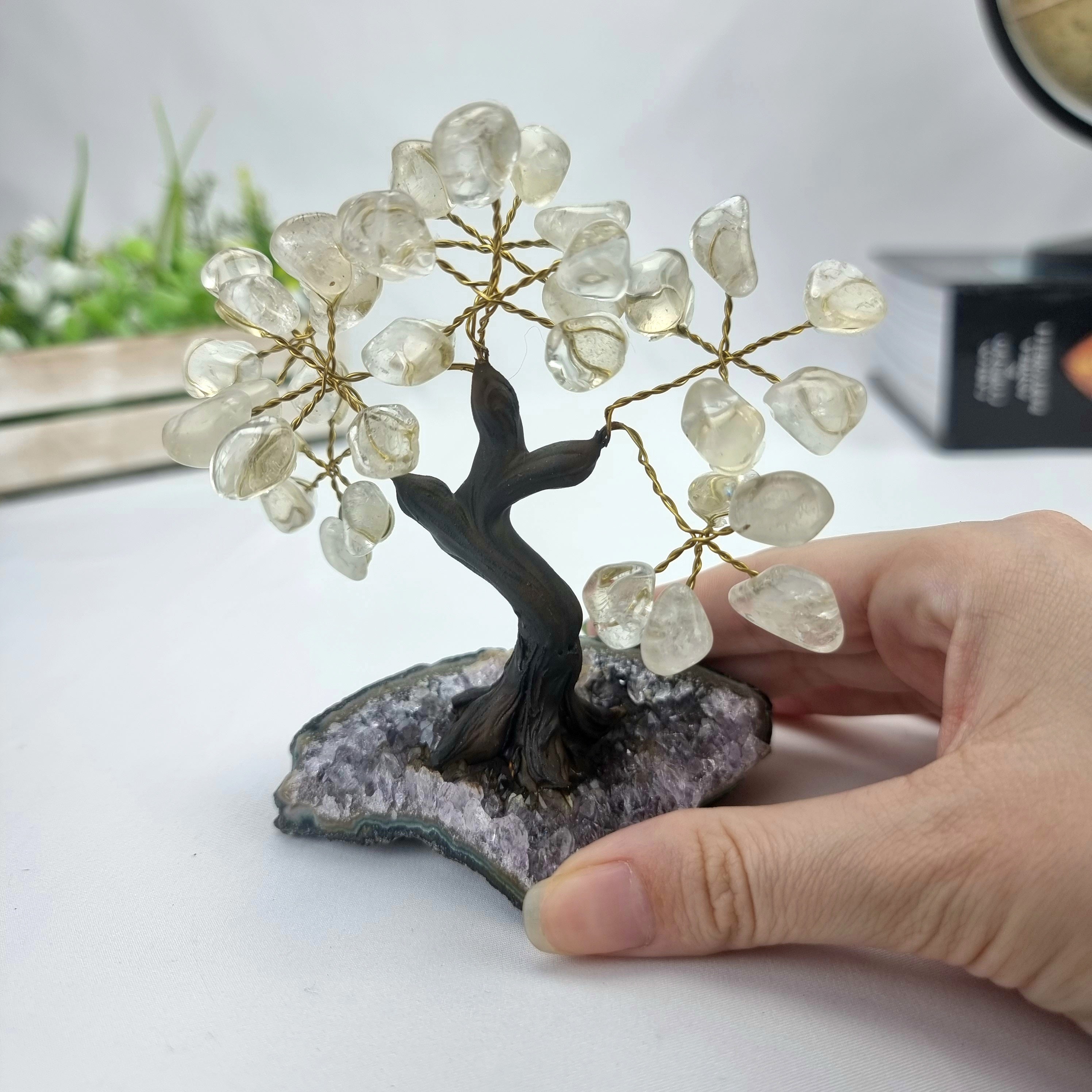 5" Tall Handmade Gemstone Crystal Quartz Tree on a Amethyst Cluster base, 35 Total Gems Model, 9 Gem Options