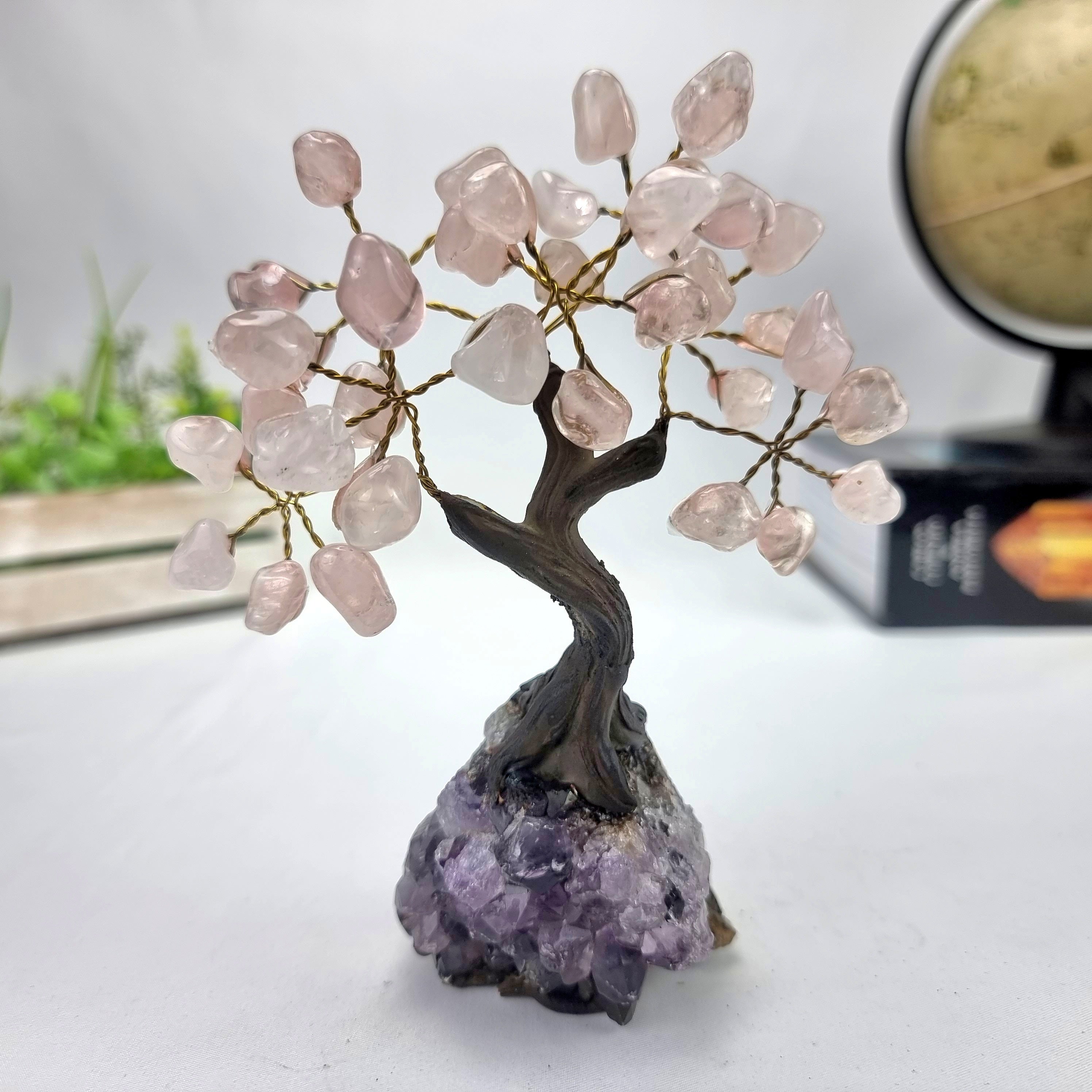 5" Tall Handmade Gemstone Rose Quartz Tree on a Amethyst Cluster base, 35 Total Gems Model, 9 Gem Options