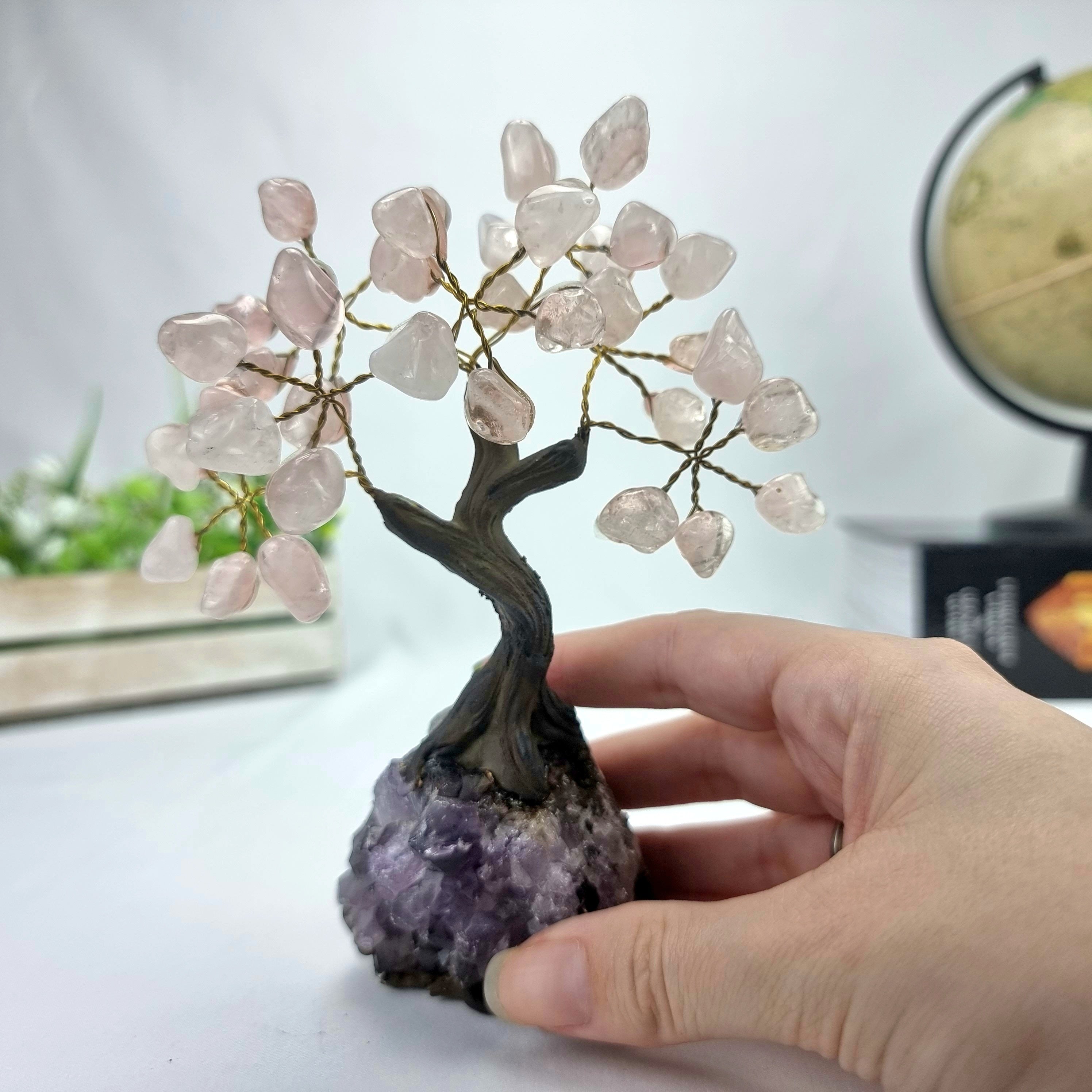 5" Tall Handmade Gemstone Rose Quartz Tree on a Amethyst Cluster base, 35 Total Gems Model, 9 Gem Options