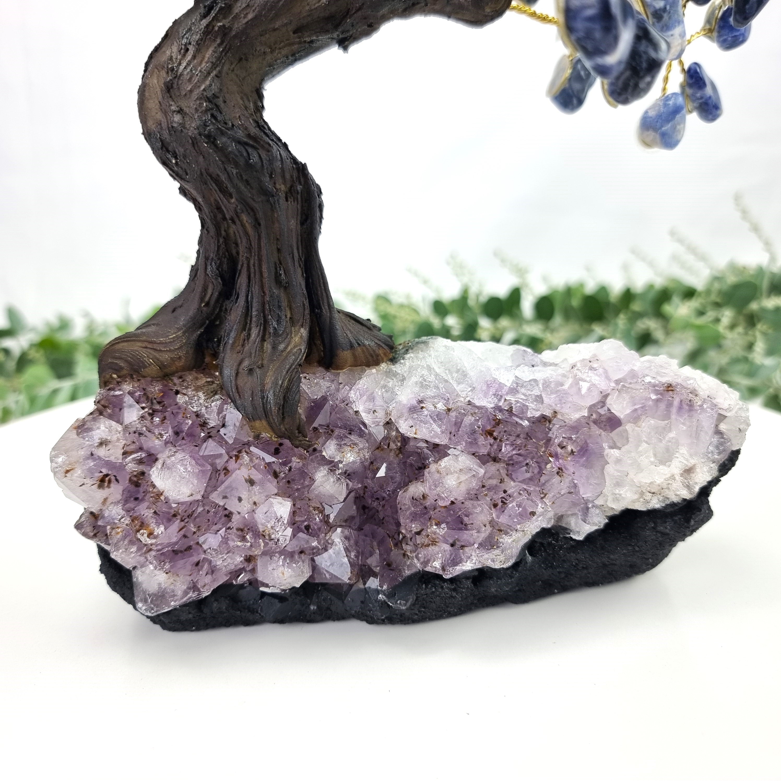 9" Tall Handmade Gemstone Sodalite Tree on a Amethyst Cluster base, 120 Total Gems Model, 9 Gems Options Available