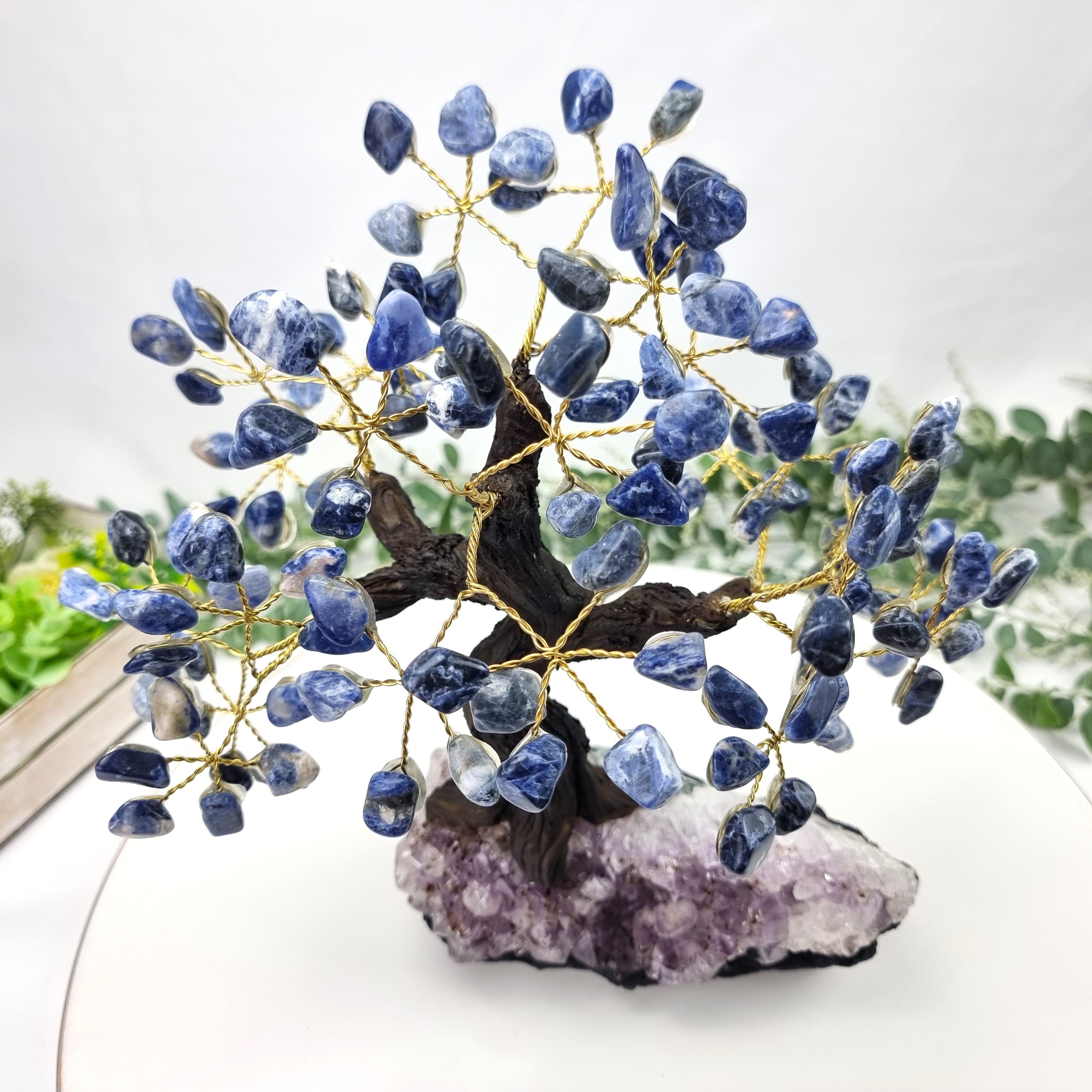 9" Tall Handmade Gemstone Sodalite Tree on a Amethyst Cluster base, 120 Total Gems Model, 9 Gems Options Available