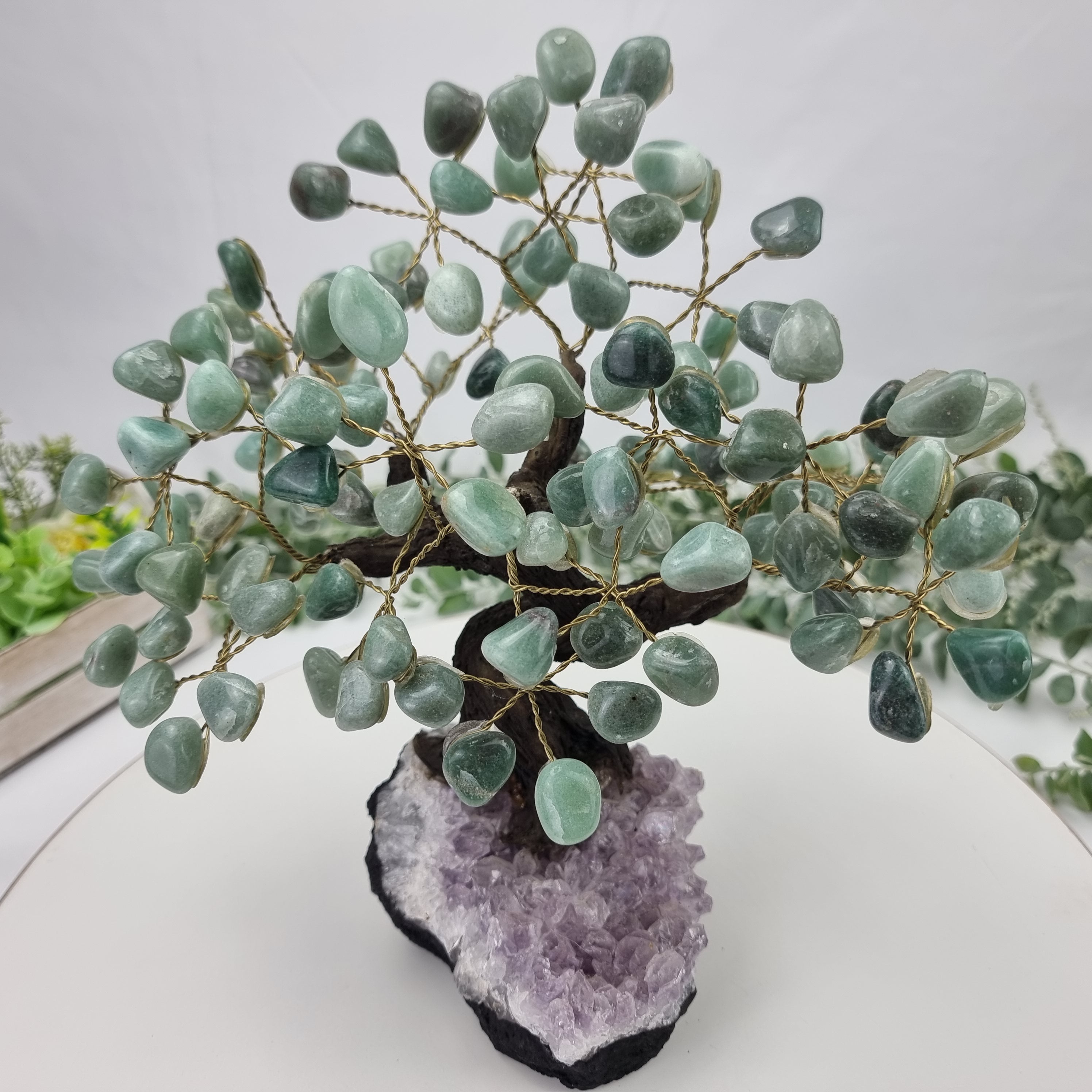 Árbol de CUARZO VERDE Natural | 120 Piedras, 24 ramas | Base de Amatista de 20 cm de altura - Pieza Artesanal BR Crystals