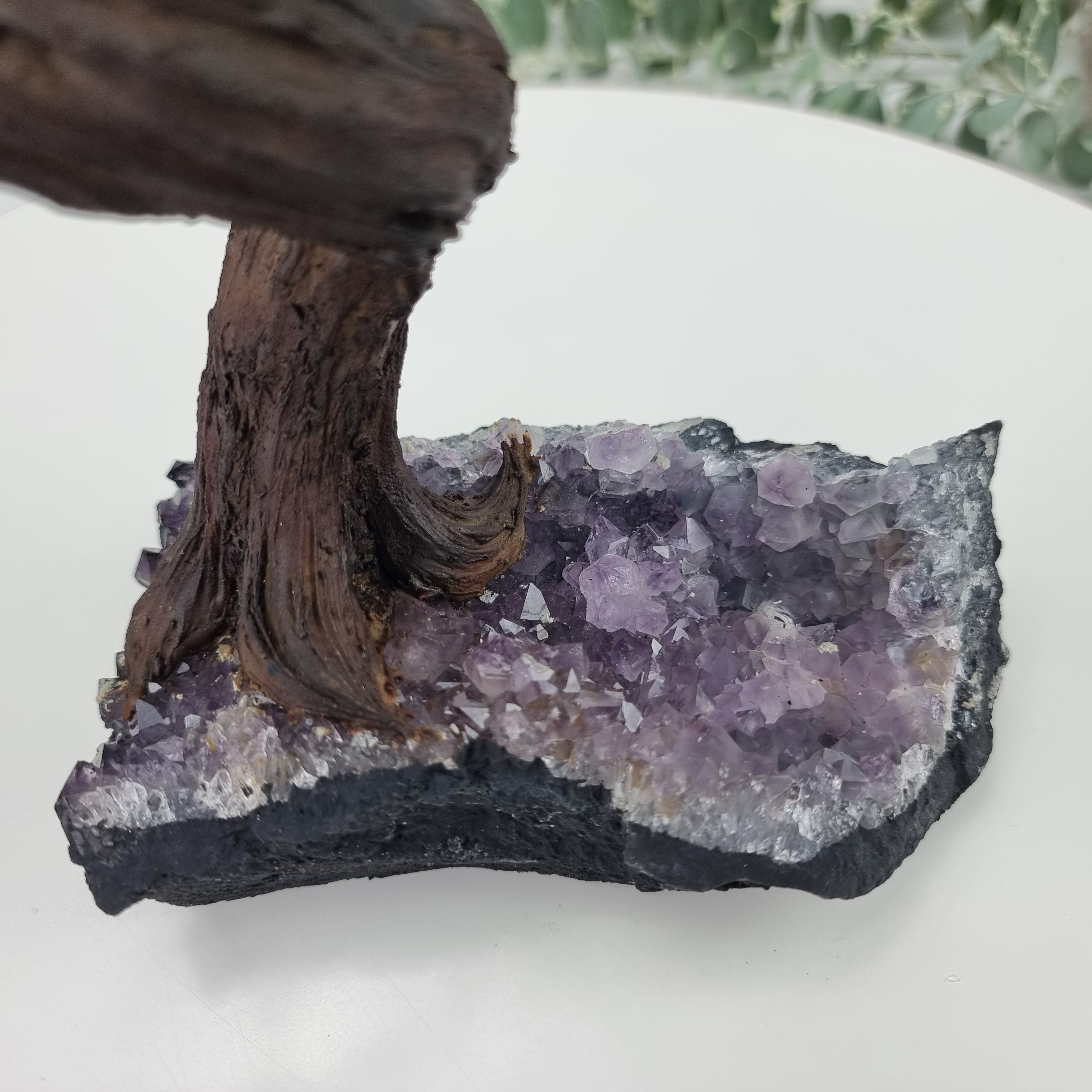 Árbol de piedras preciosas hecho a mano de amatista de 7 pulgadas de alto sobre una base de racimo de cristal, modelo de 60 gemas en total